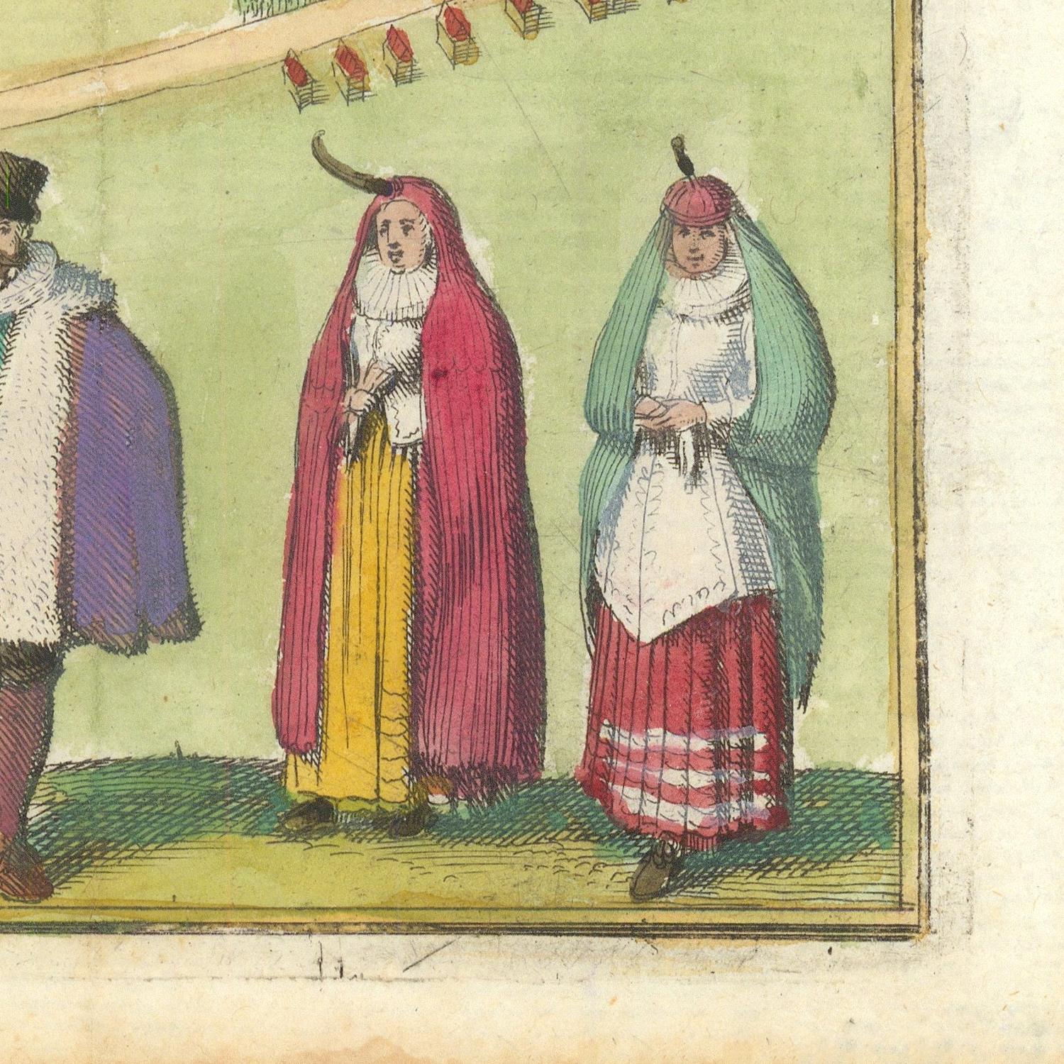 Vintage illustration of three people in colorful clothing on a green background