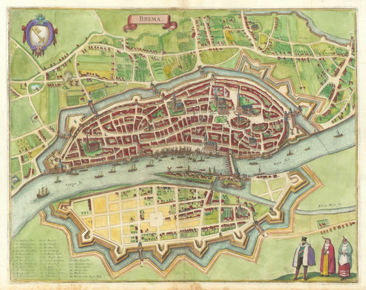Vintage map of a fortified city with defensive walls and moats, featuring colorful illustrations of people and buildings.