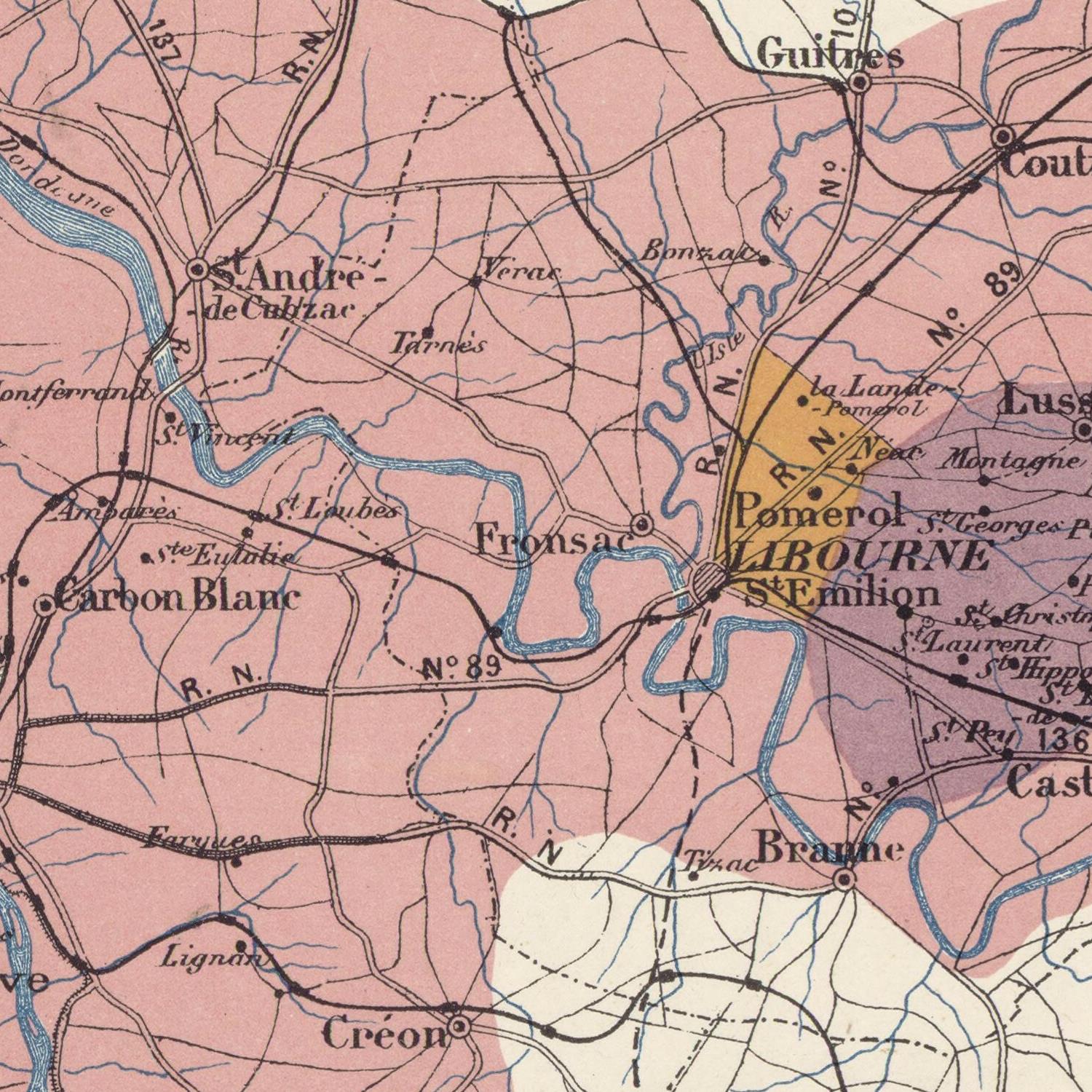 Vintage map of a region with labeled places and roads.