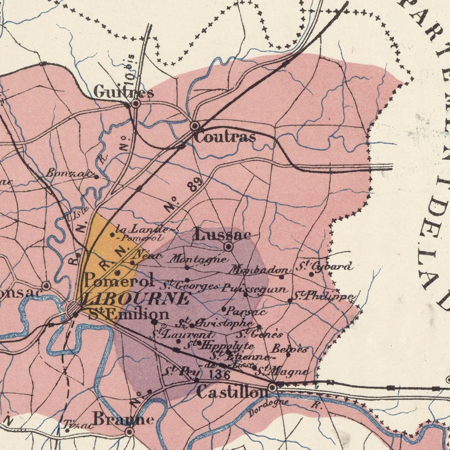 Vintage map of a region with labeled places and routes