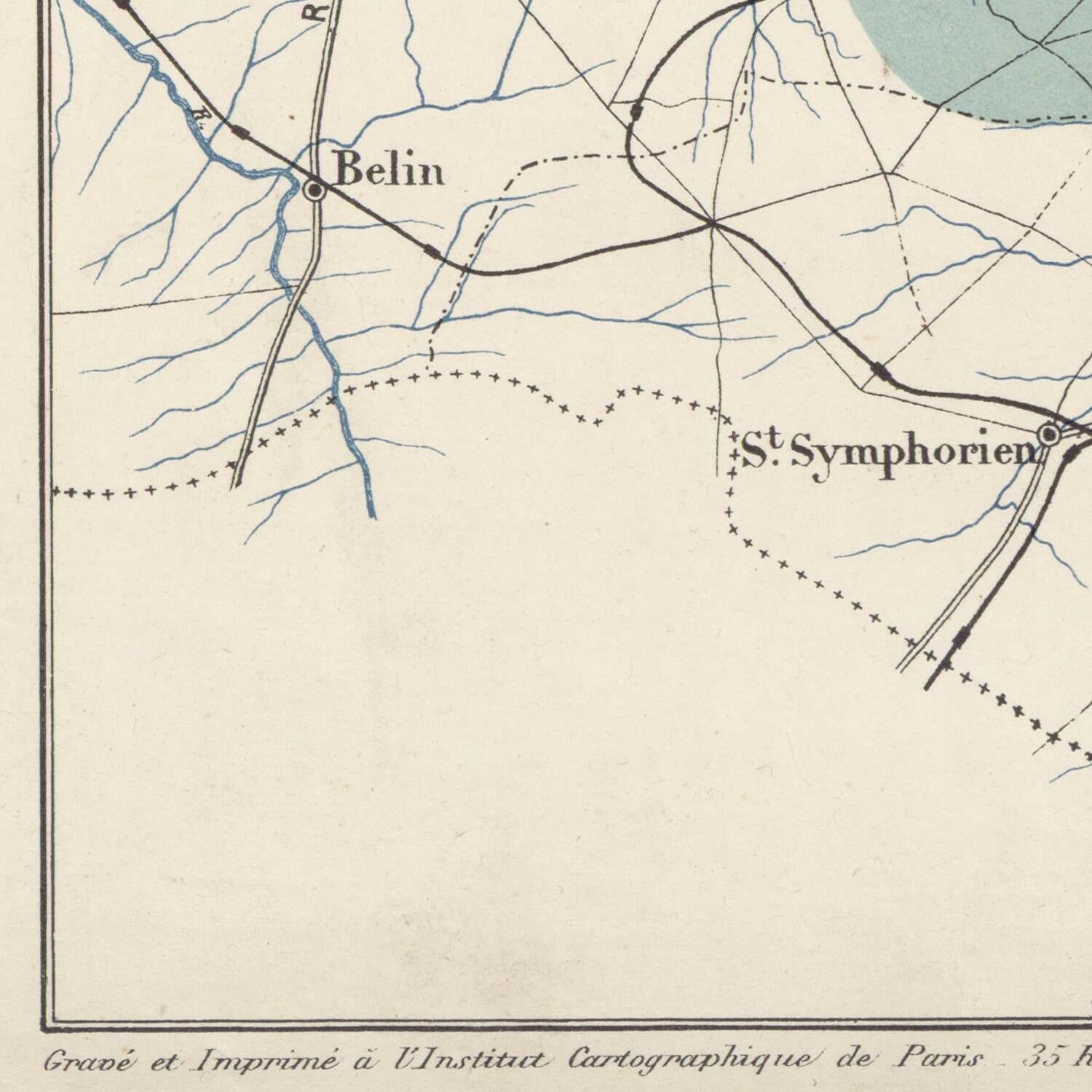 Vintage map showing a section of a route with labeled points and lines.