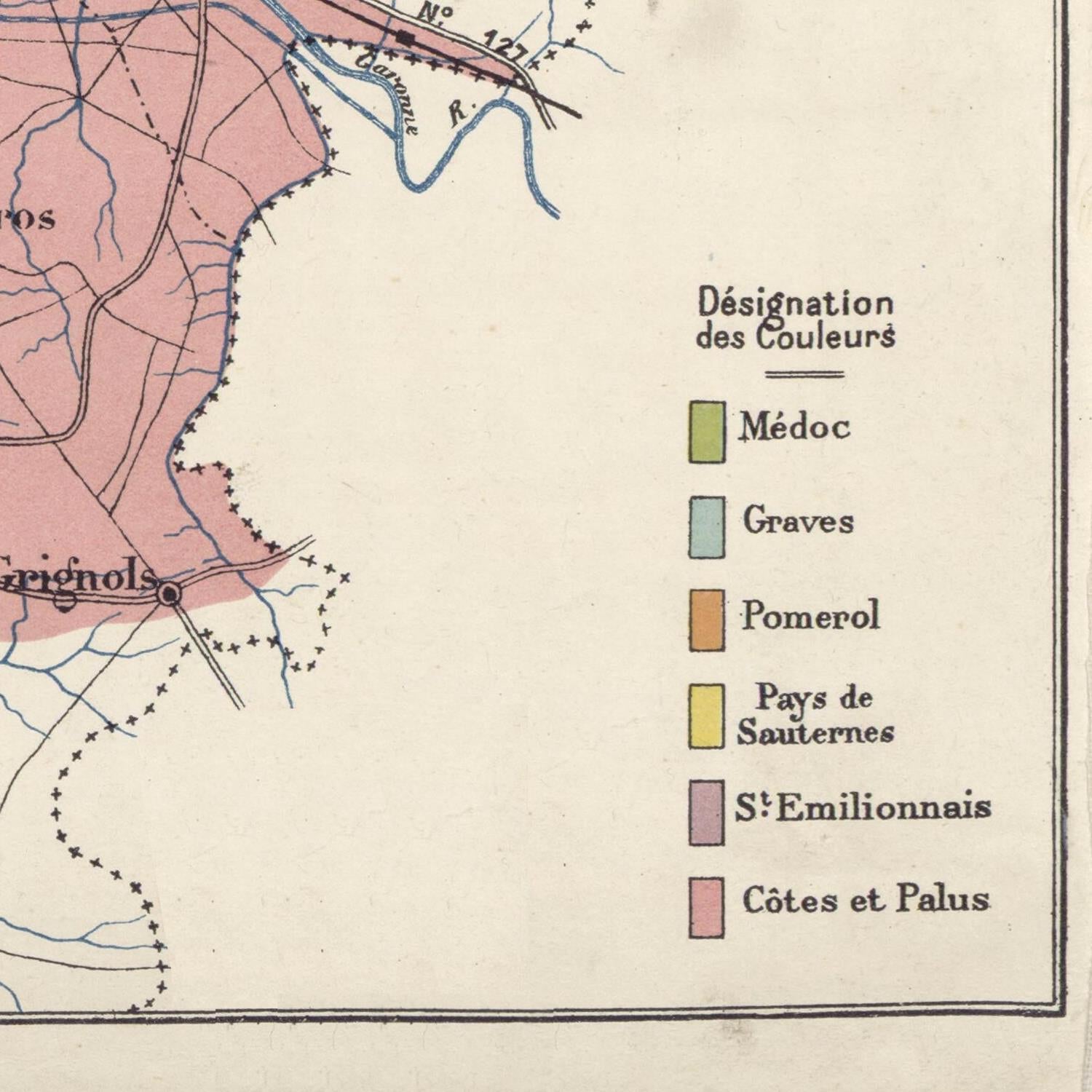 Map of Bordeaux with color-coded regions and a legend.