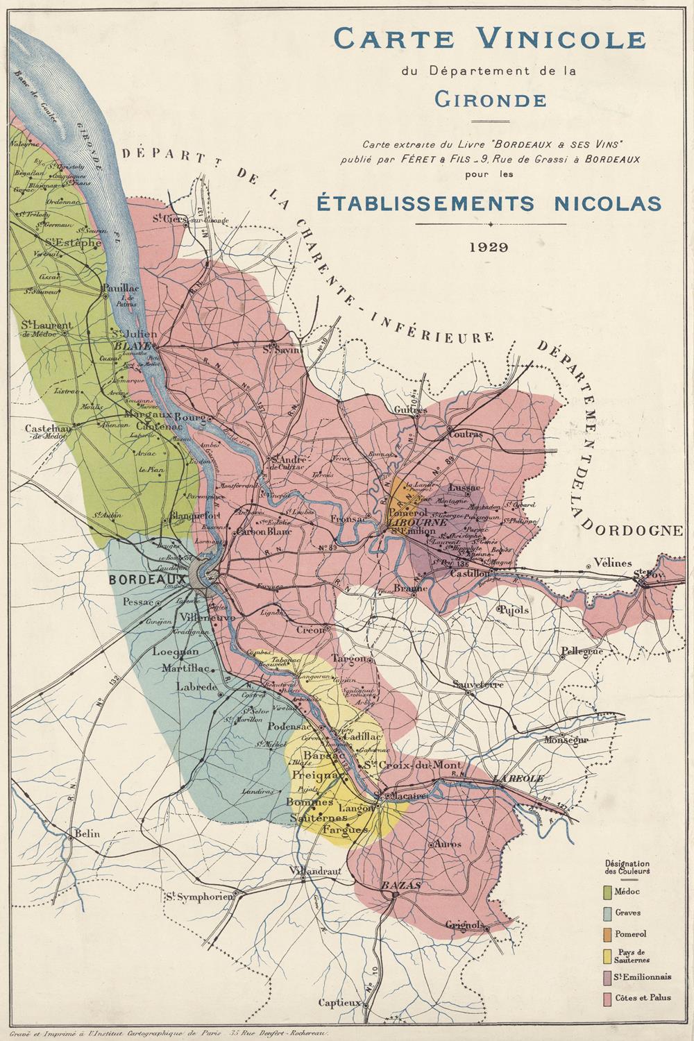 Vintage map of the Gironde department with color-coded regions, likely related to wine production.
