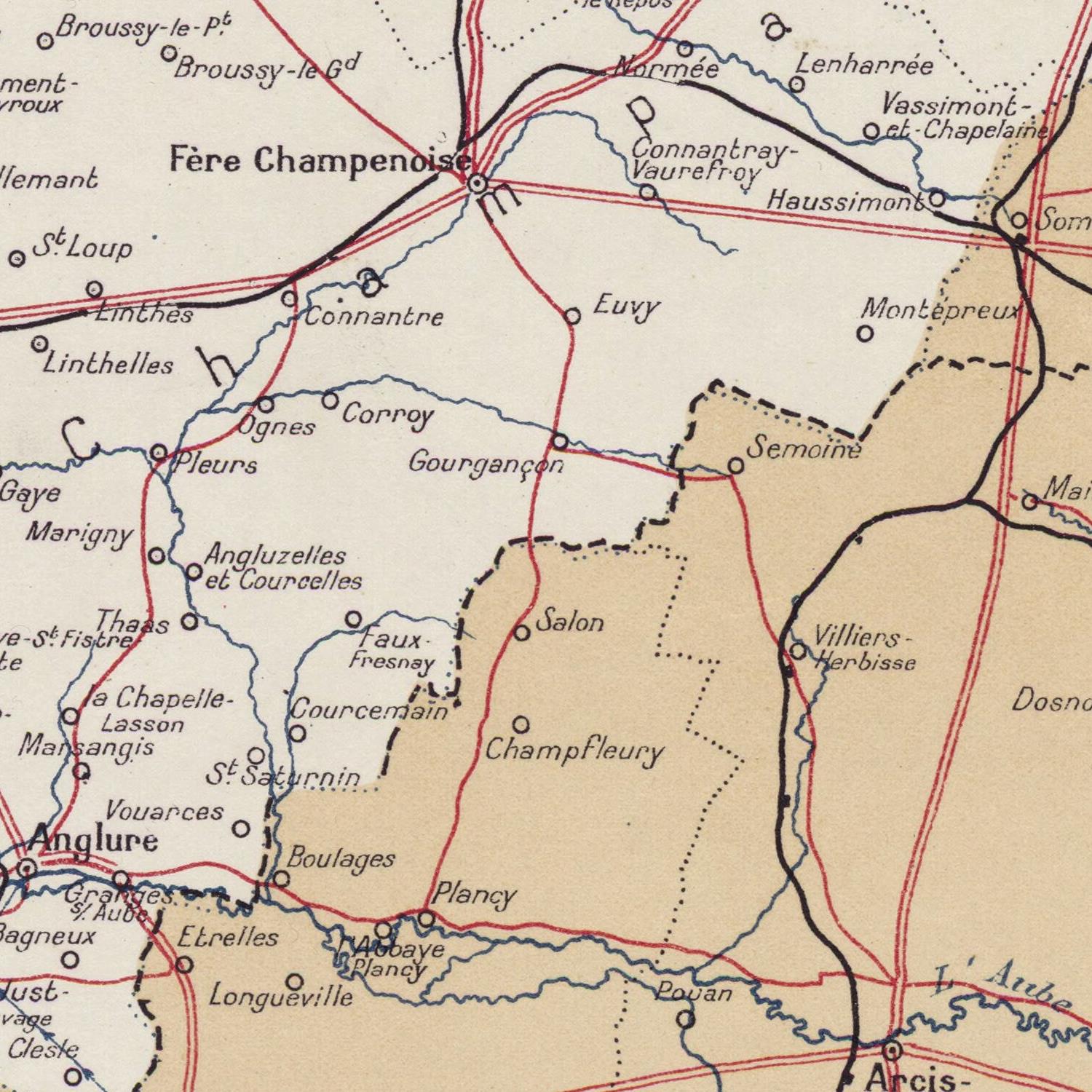 Vintage map of a region with labeled places and roads