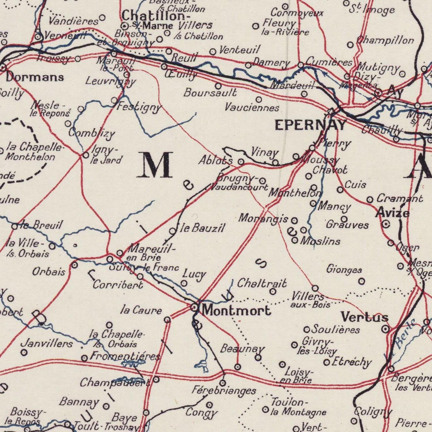 Map of Epernay and surrounding areas with labeled places and roads.