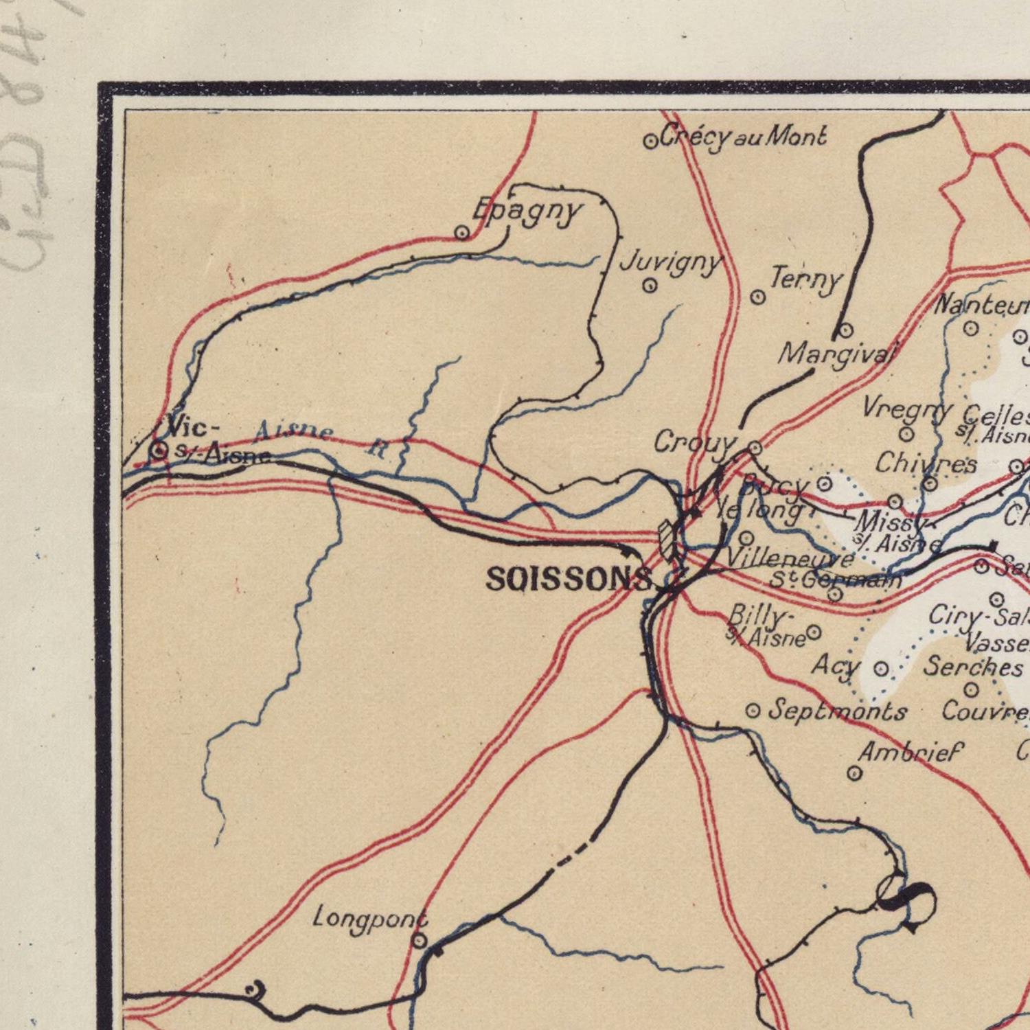 Vintage map of Soissons and surrounding areas with red lines indicating roads or railways.