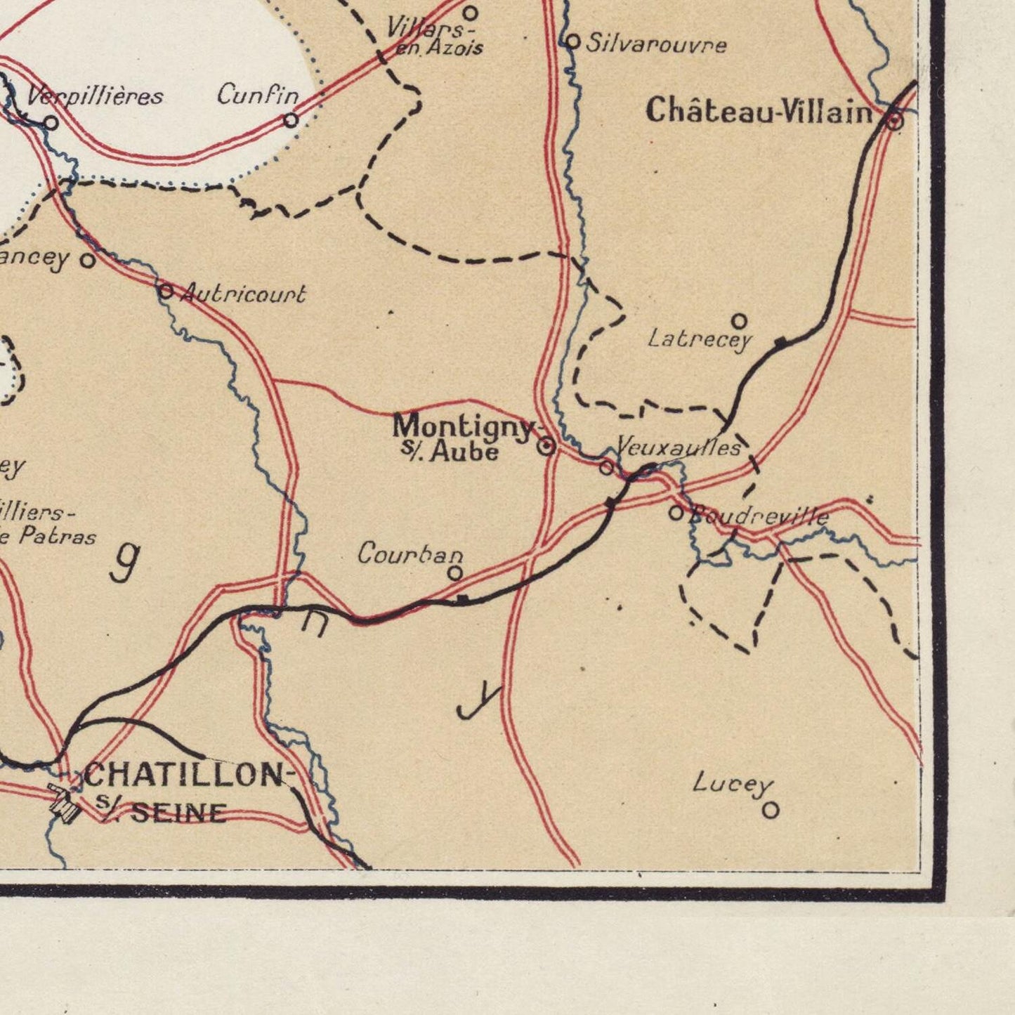 Vintage map section with roads and towns labeled on a beige background
