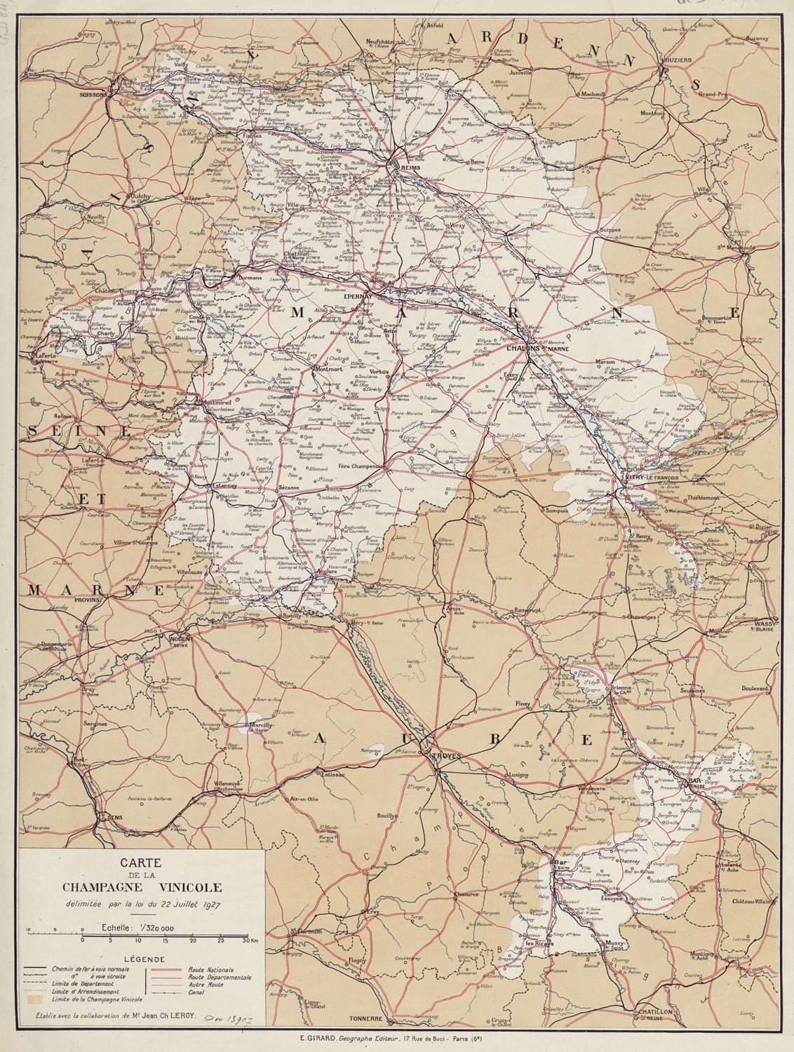 Vintage map of Champagne-Vincolle region with detailed geography and roads.
