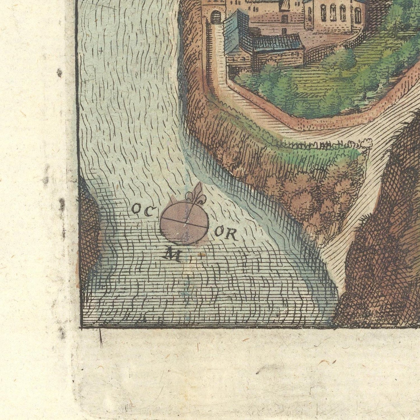 Vintage map or illustration of a landscape with buildings and a river.