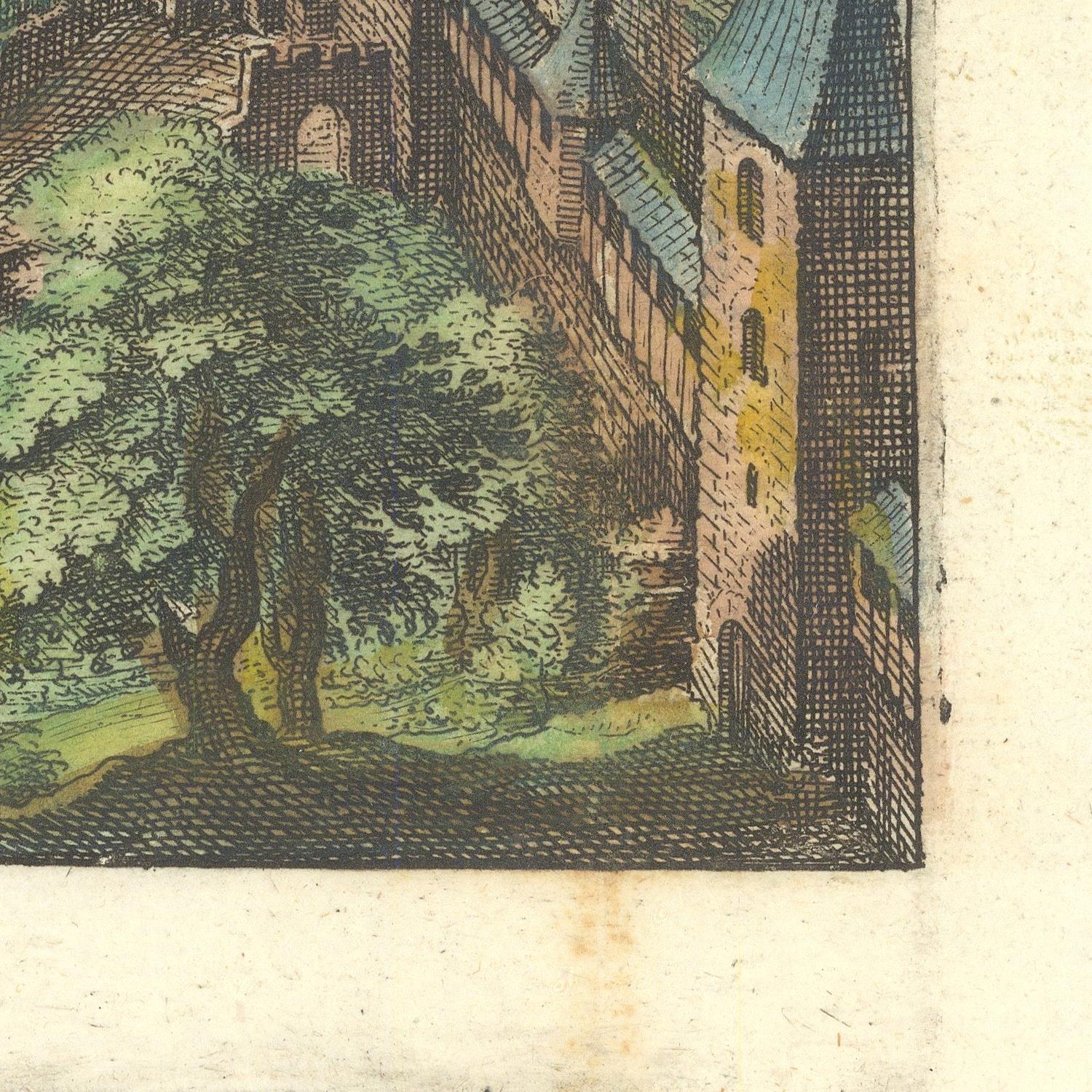 Vintage illustration of a castle with trees and a detailed border