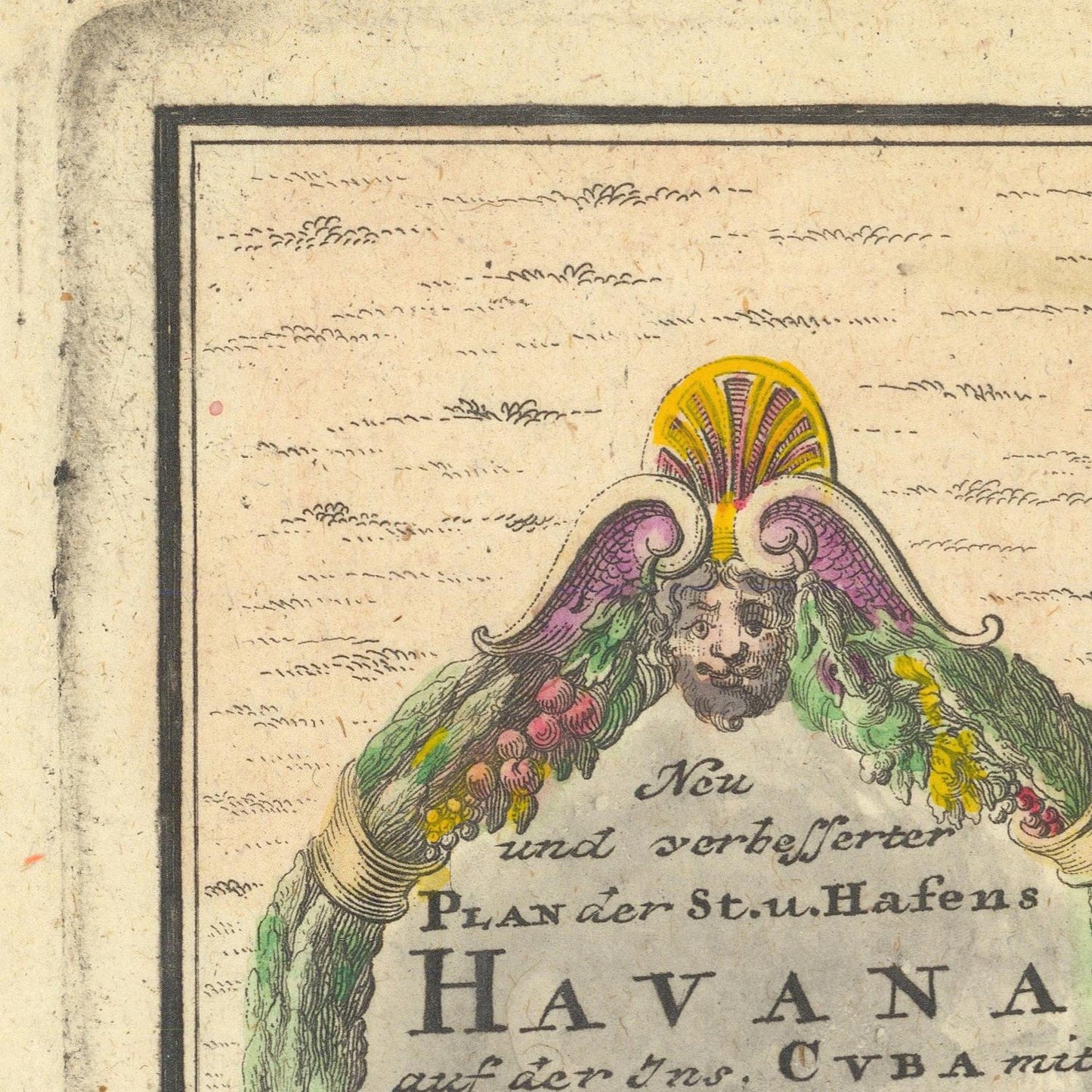 Decorative title cartouche with floral elements on an old map of Havana, Cuba.