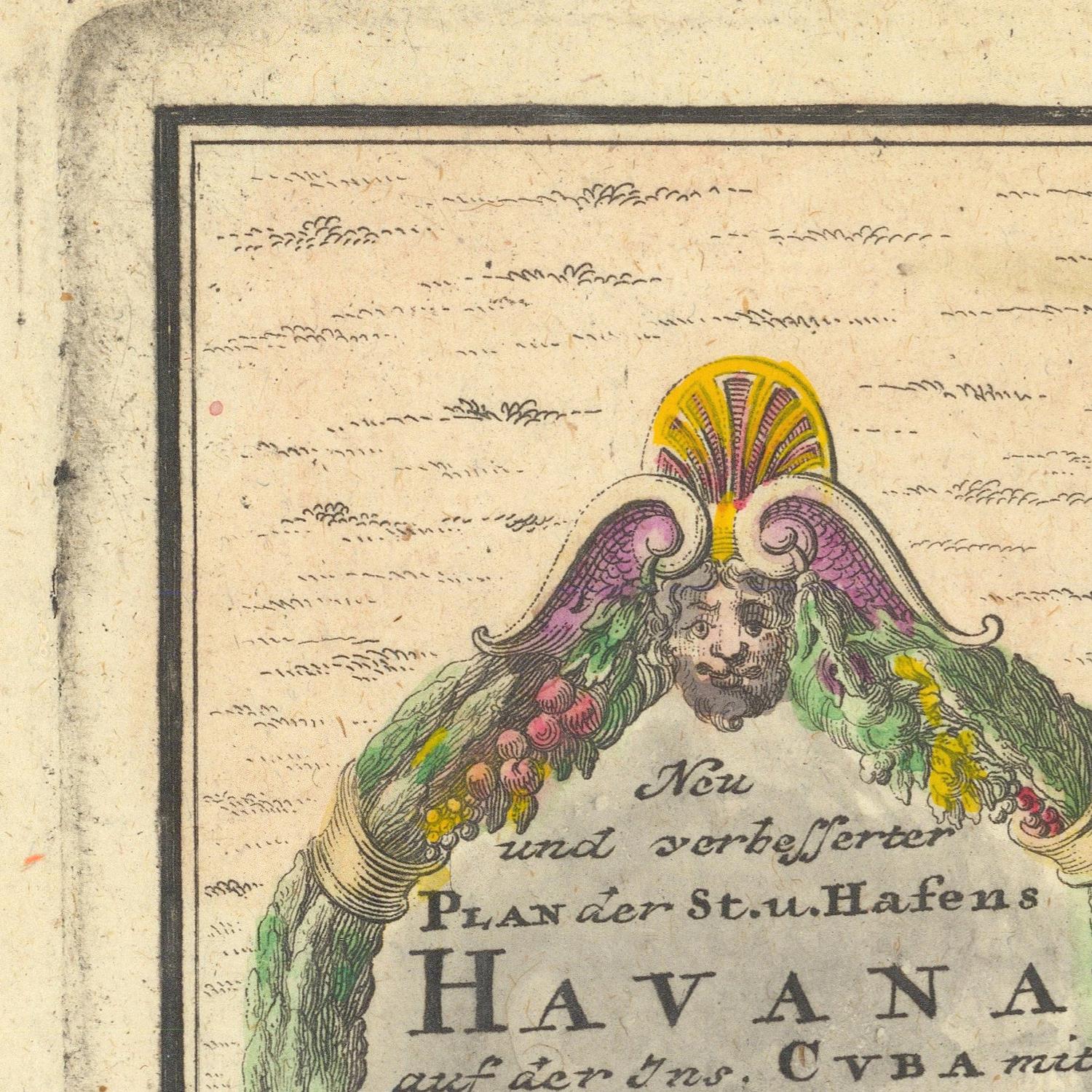 Decorative title cartouche with floral elements on an old map of Havana, Cuba.