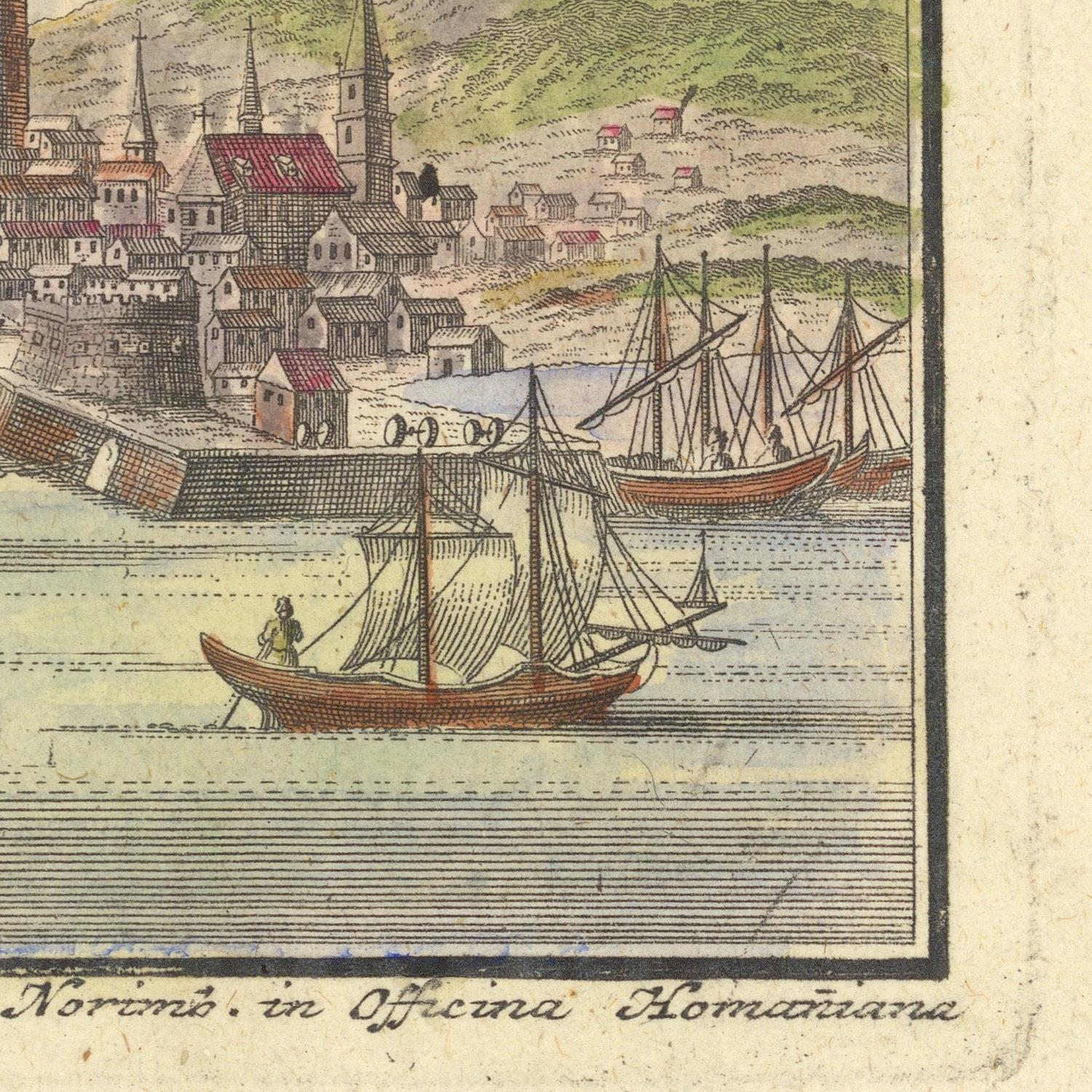 Vintage illustration of a coastal scene with ships and buildings.