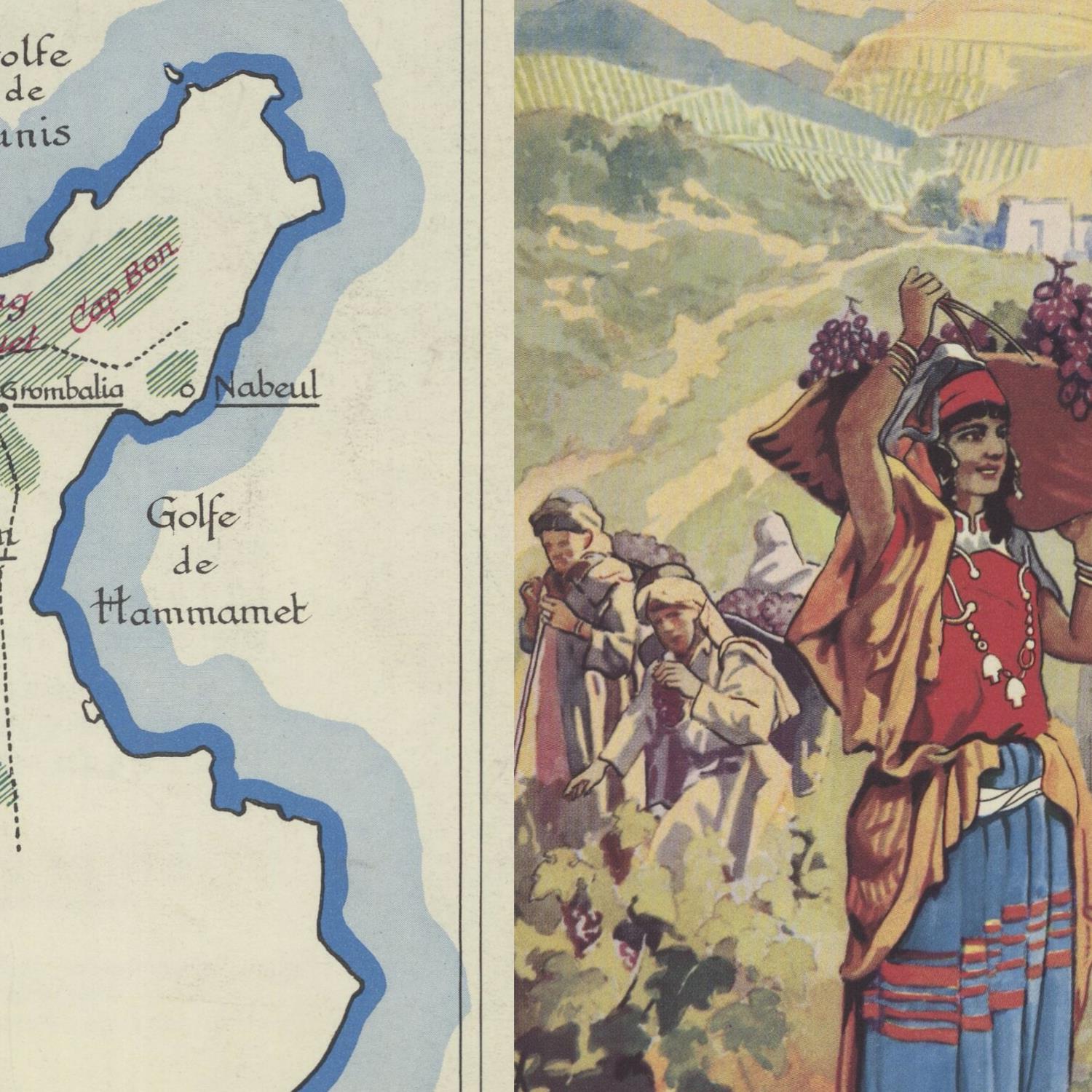 Map with a coastal area labeled 'Golfe de Hammamet' and an illustration of people in traditional attire in a vineyard.
