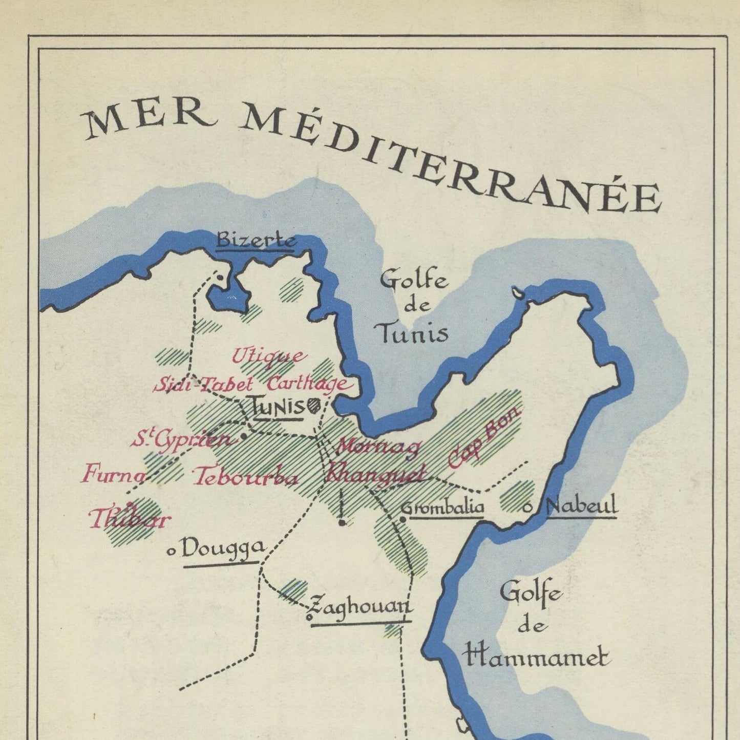Map of Tunisia with Mediterranean Sea, featuring cities and geographical features.