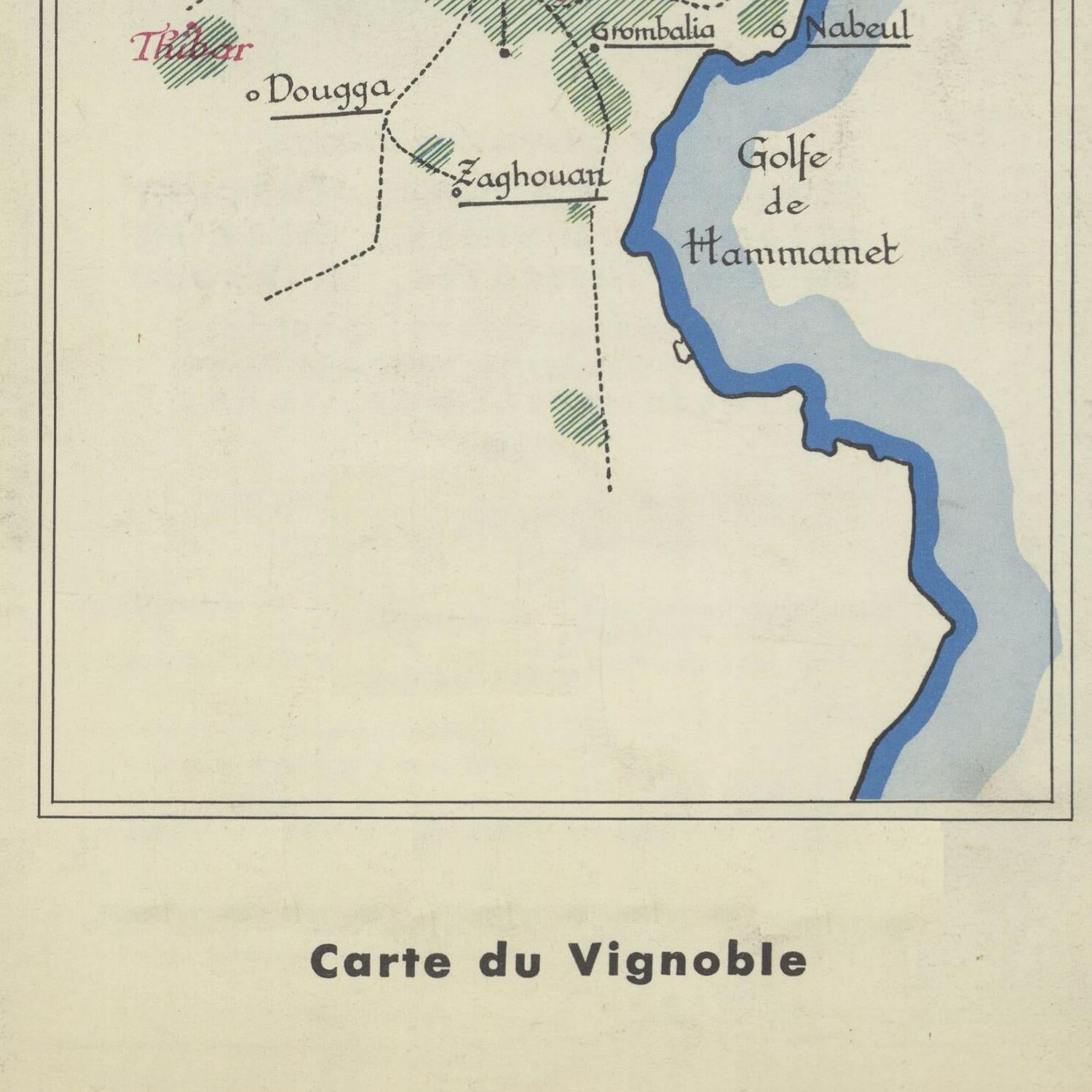 Vintage map of a region with water body labeled 'Golfe de Hammamet' and place names.