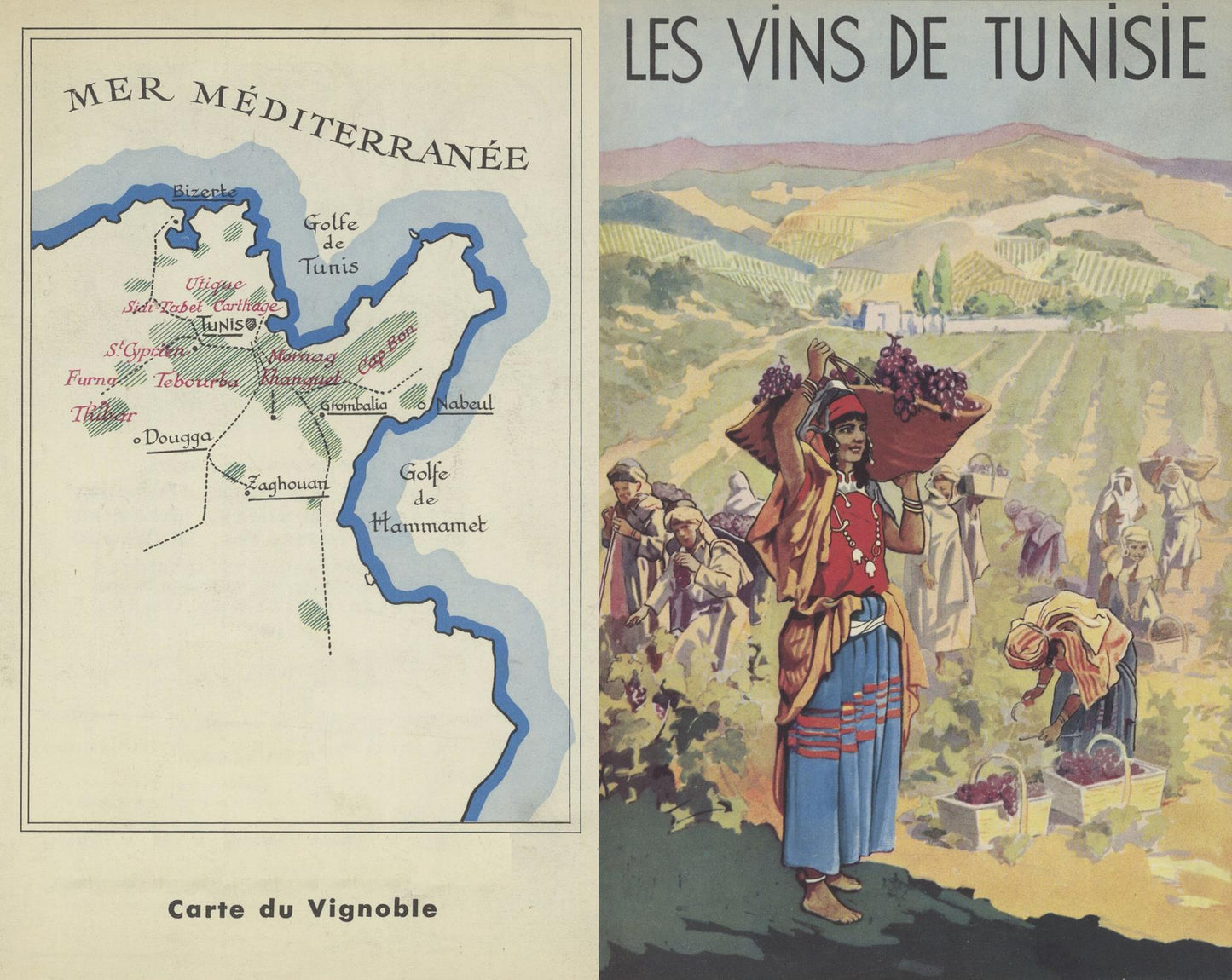 Vintage-style advertisement for Tunisian wines with a map and illustration of wine harvesters.