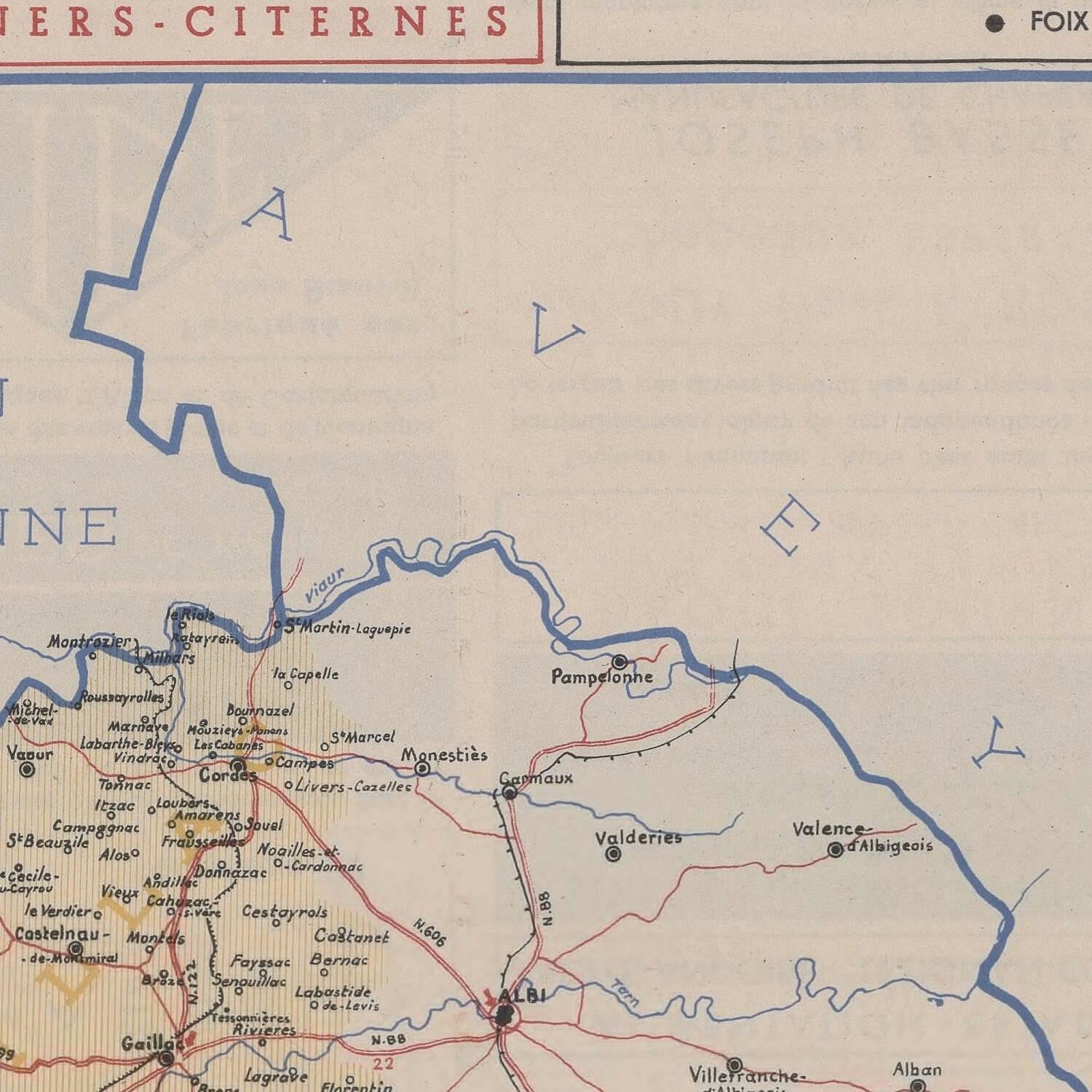 Map of a region with labeled places, featuring a border and text at the top.
