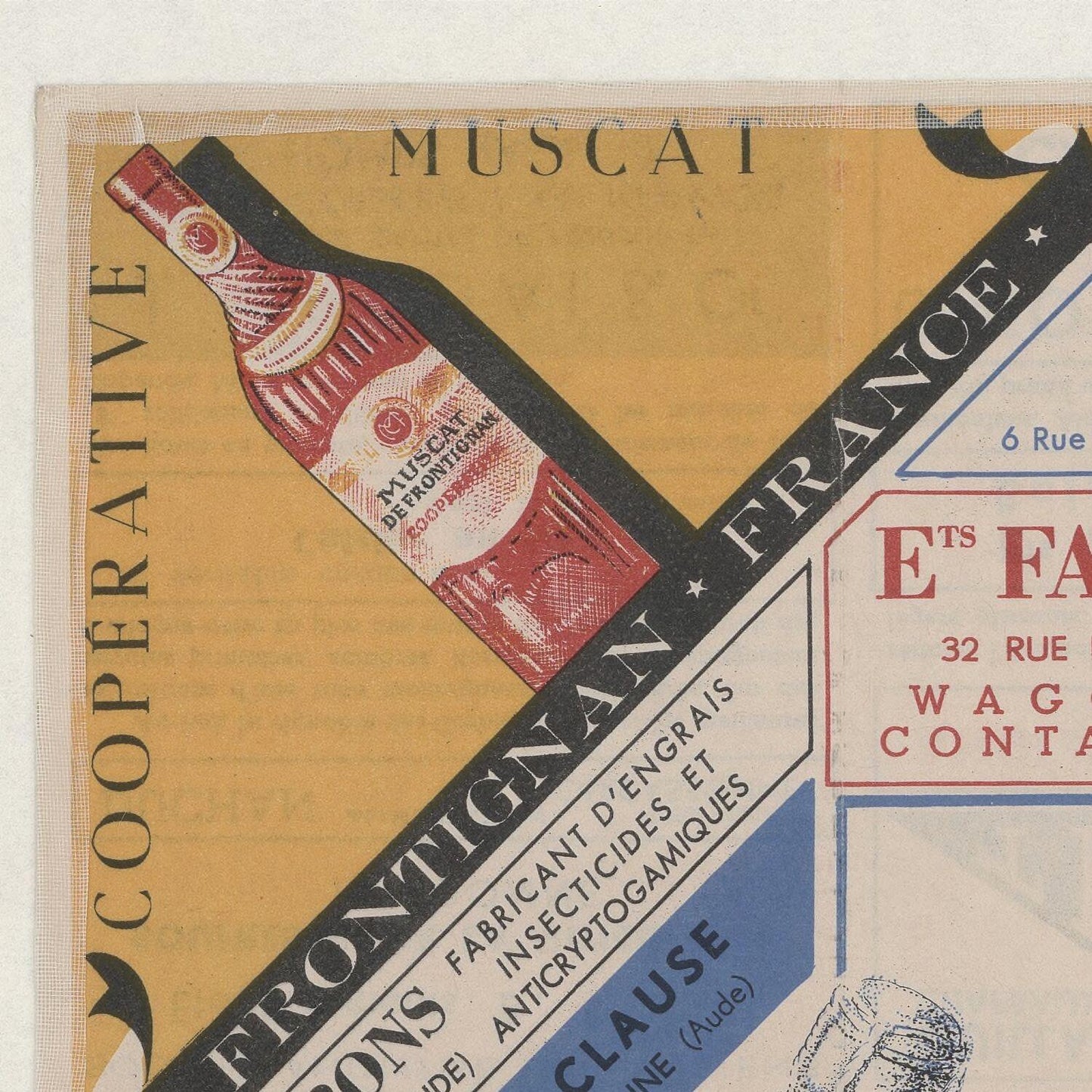 Vintage-style advertisement with a bottle of Muscat wine and text on a beige background