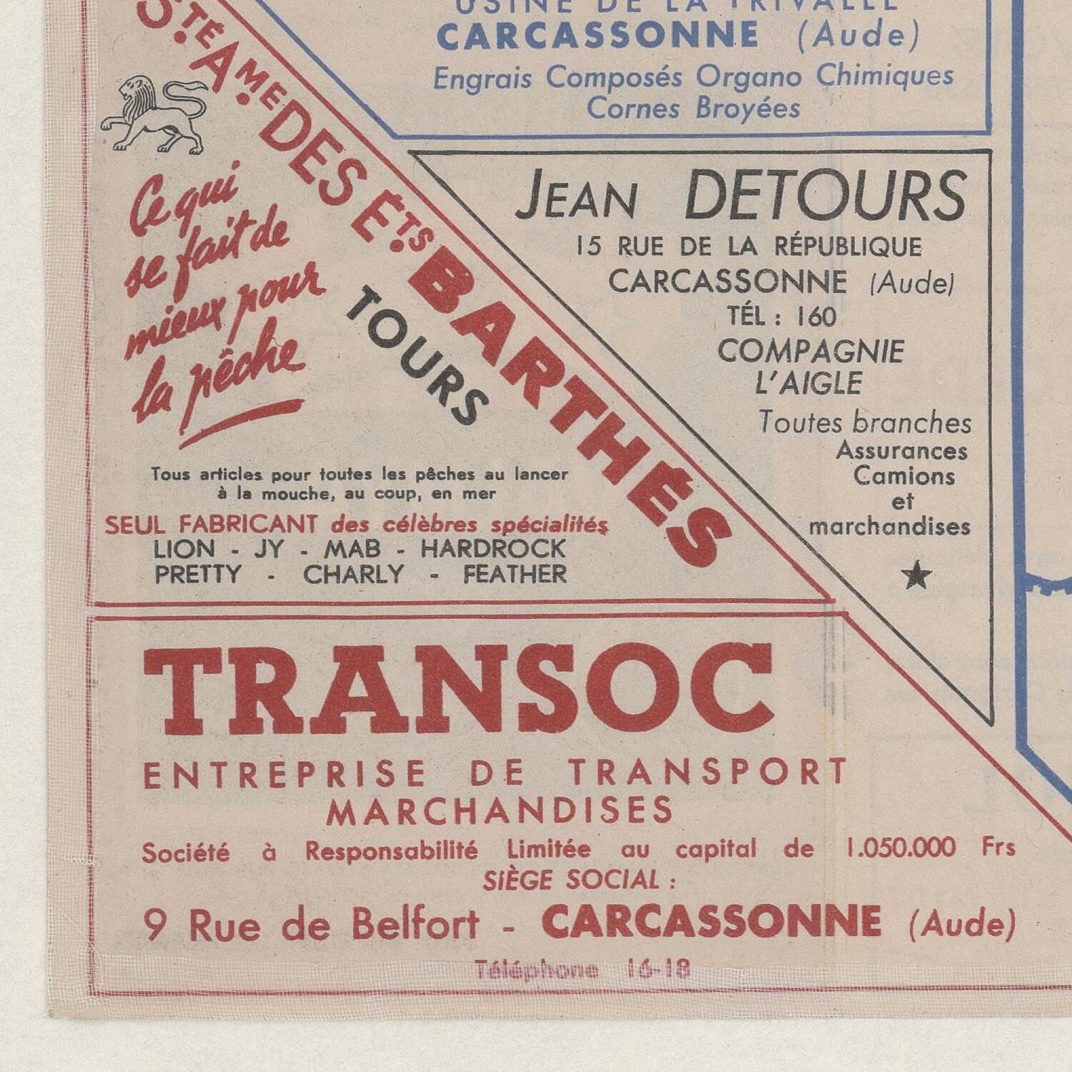 Vintage advertisement for Jean Detours and Barthés with text and logo on a beige background