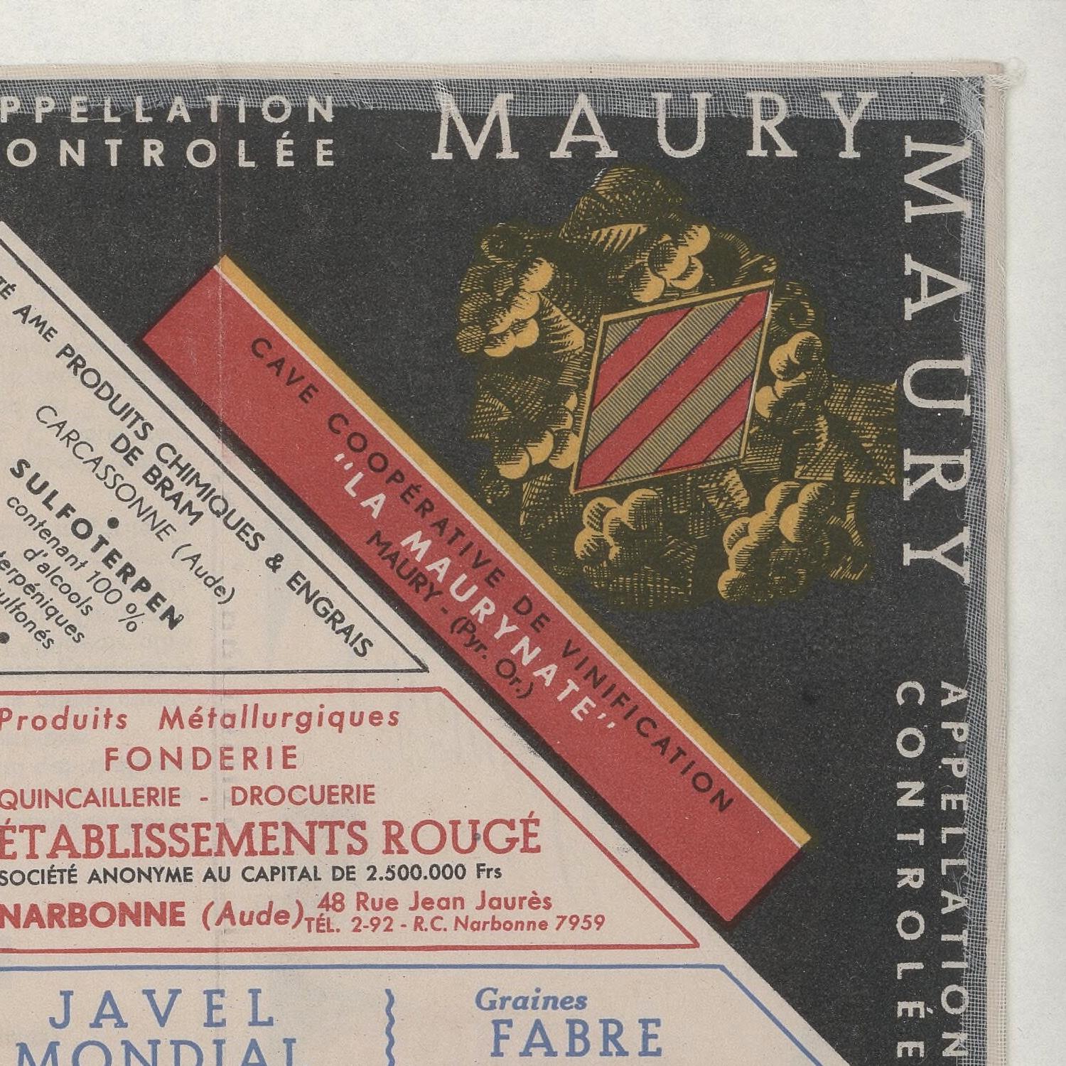 Vintage Maury wine label with detailed text and logo