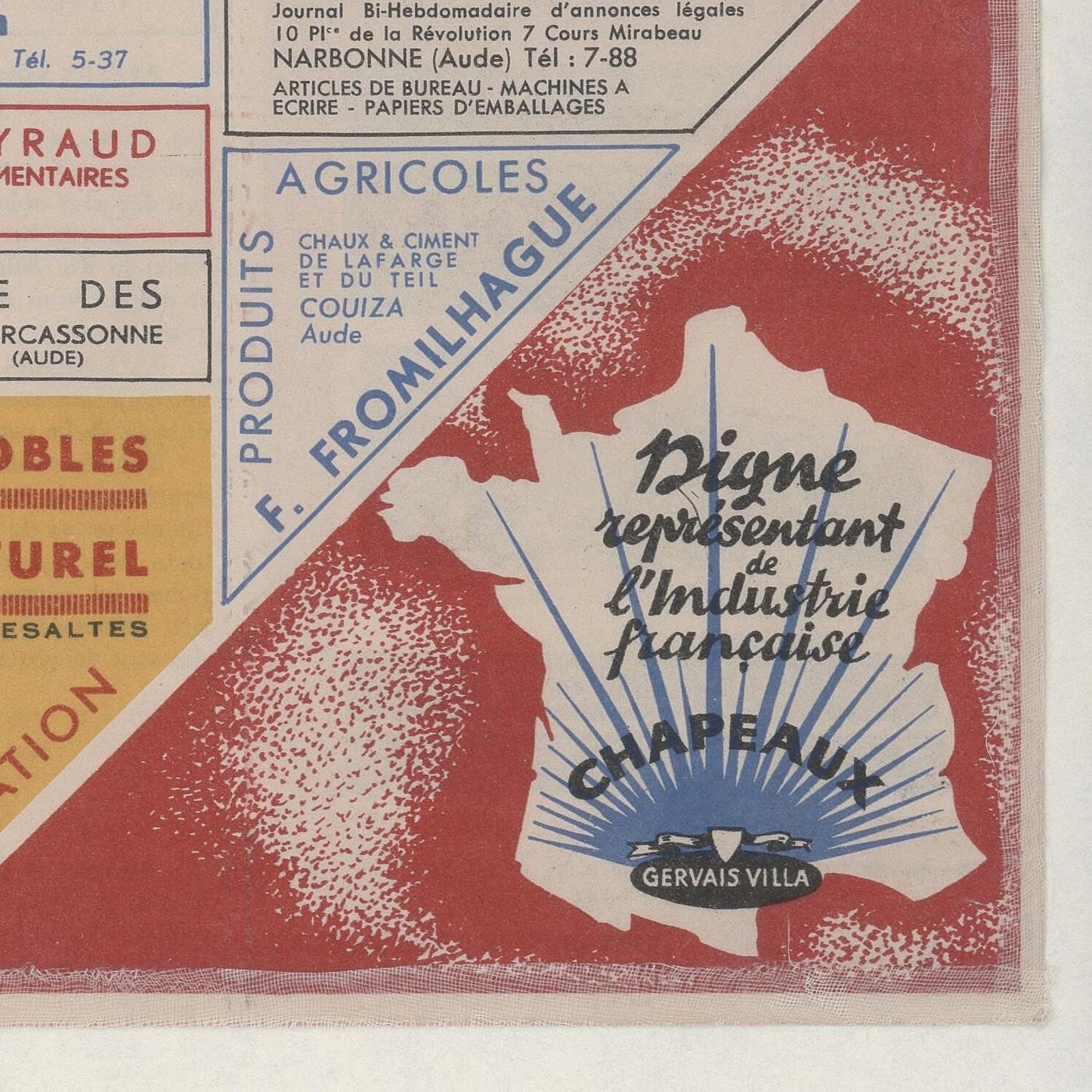 Vintage advertisement with text and logo, featuring a stylized map of France.