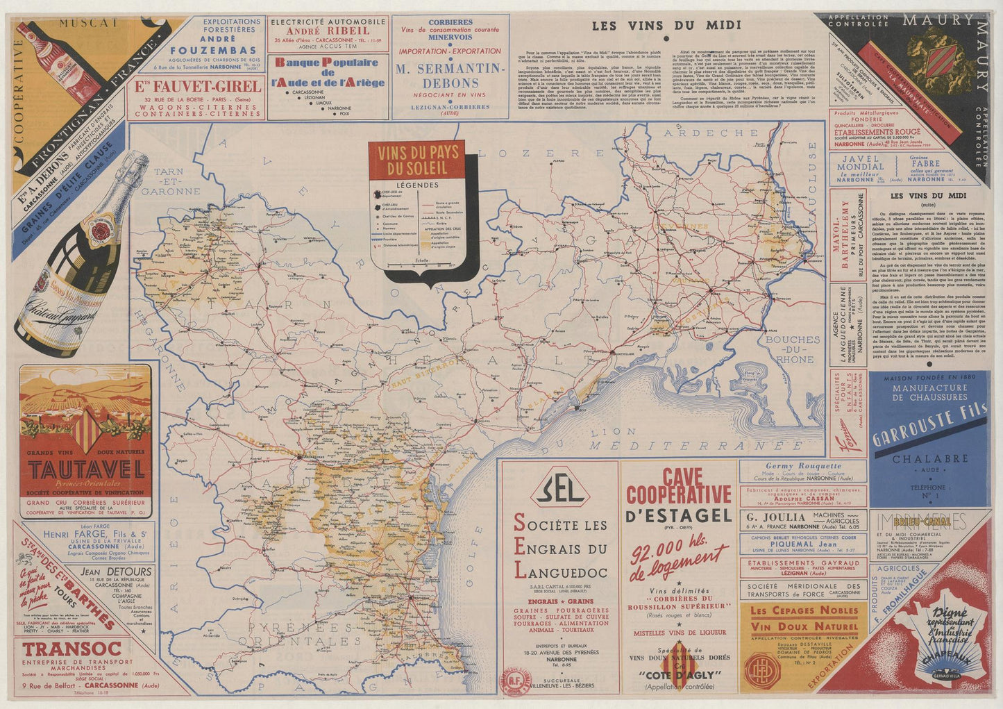 Map of Languedoc with wine advertisements and promotional text