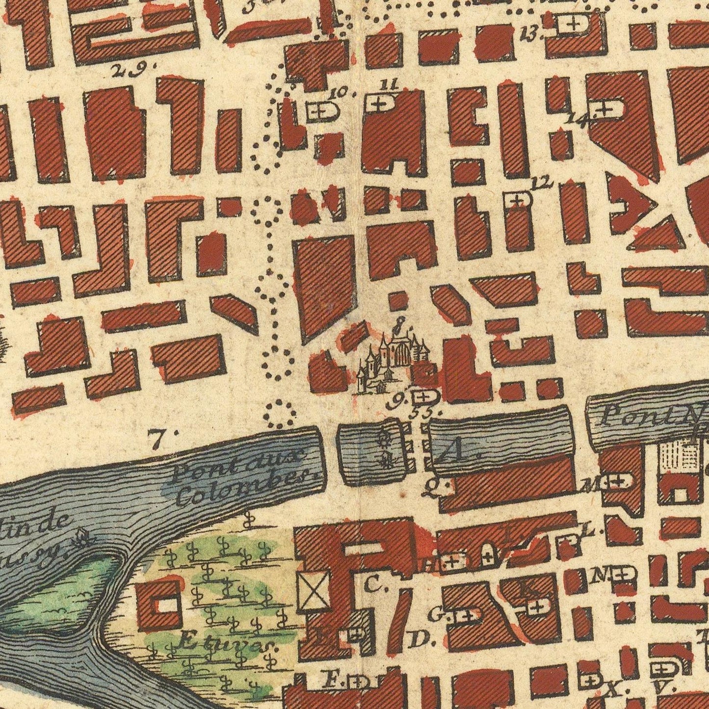Vintage map with brown and green colors, showing a detailed layout of streets and buildings.