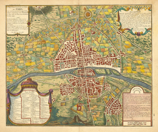 Vintage map of Paris with detailed layout and surrounding areas