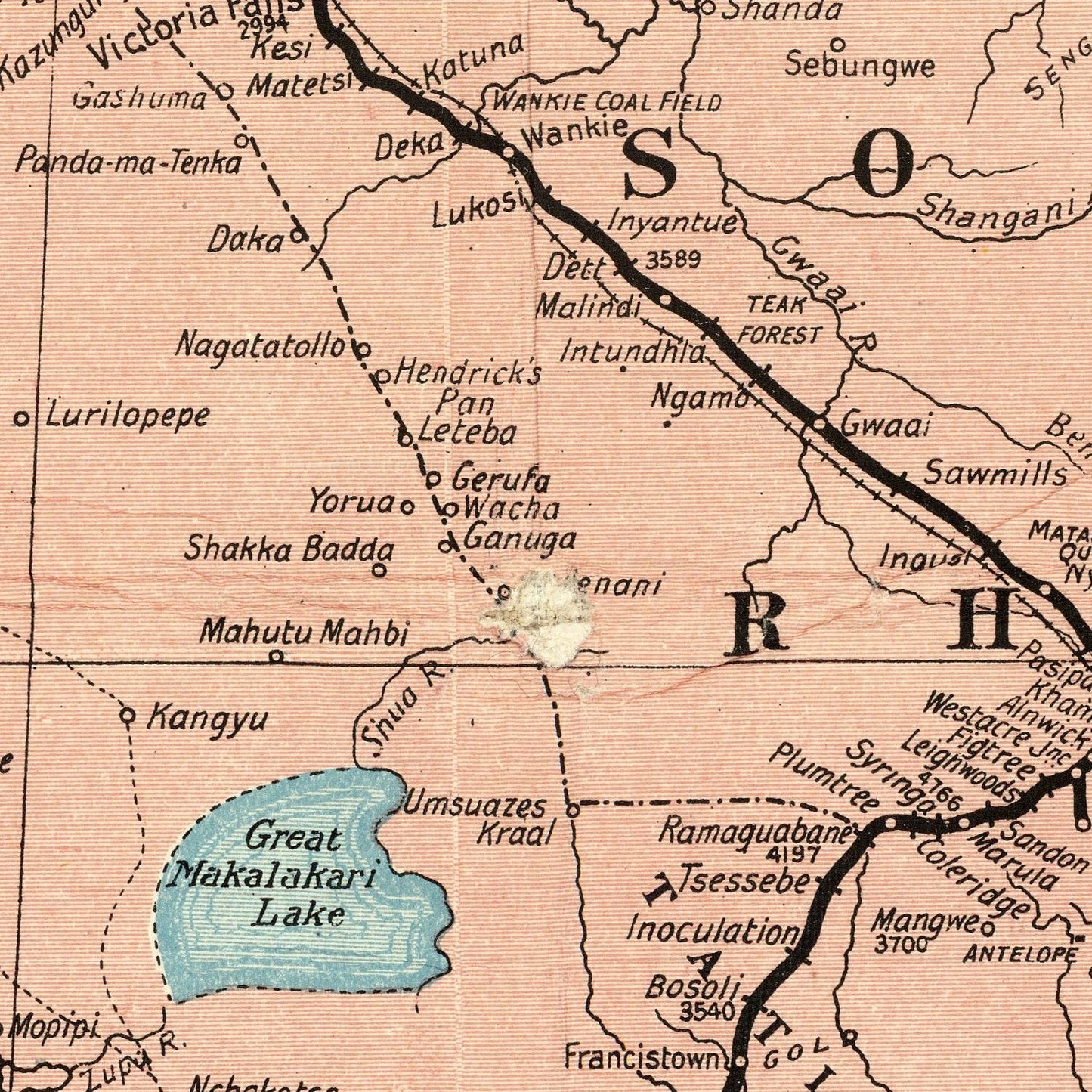 Map of a region with 'Great Makalakari Lake' labeled on an old map.