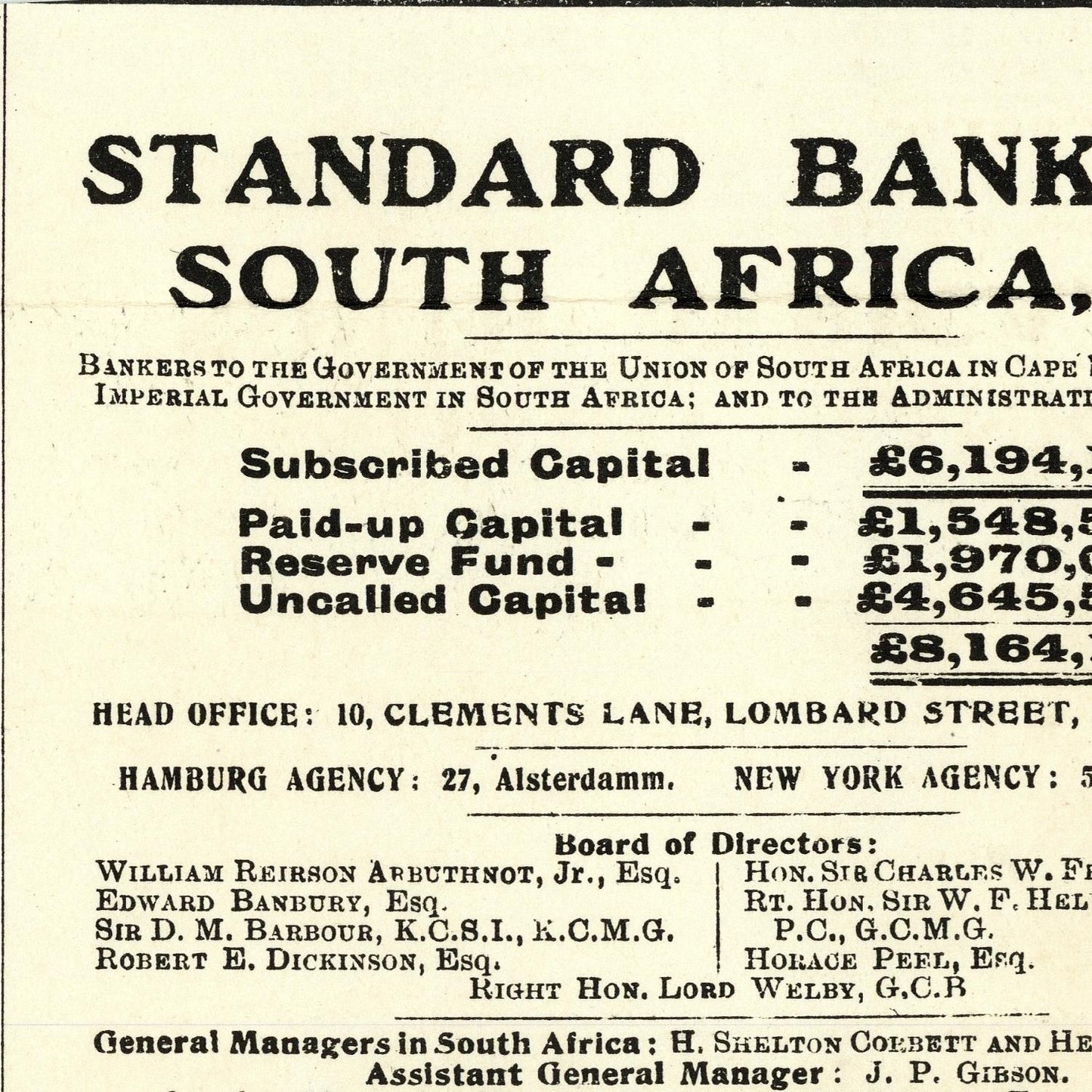 Vintage advertisement for Standard Bank South Africa with financial details and office locations.