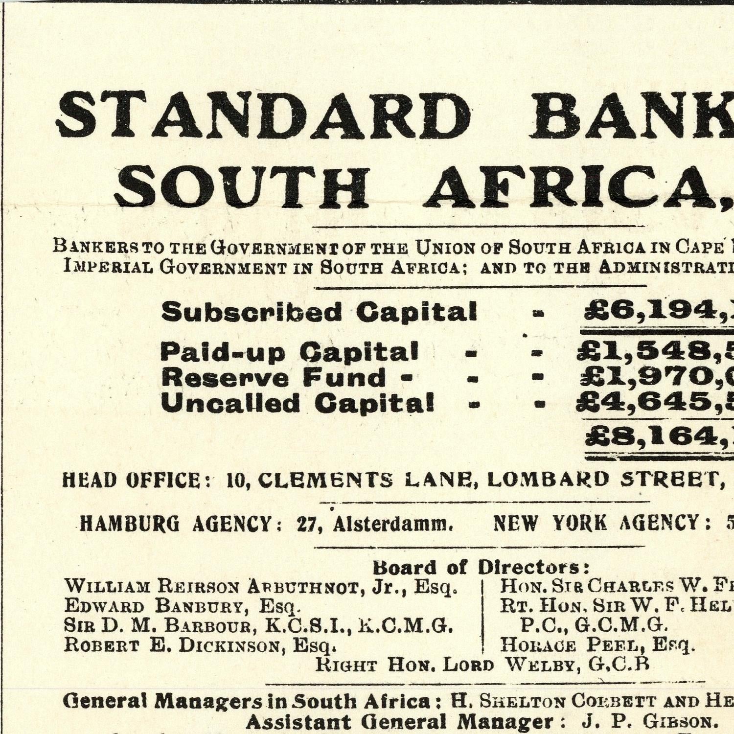 Vintage advertisement for Standard Bank South Africa with financial details and office locations.