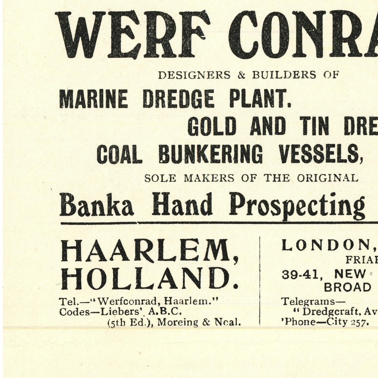Vintage advertisement for Werf Conrad with text about marine dredge plant and vessels.