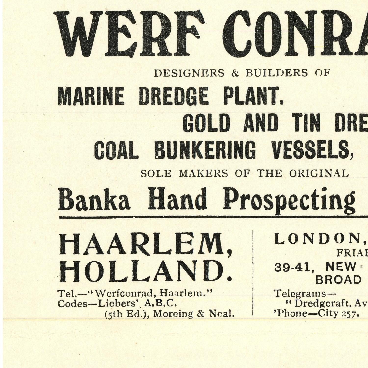 Vintage advertisement for Werf Conrad with text about marine dredge plant and vessels.