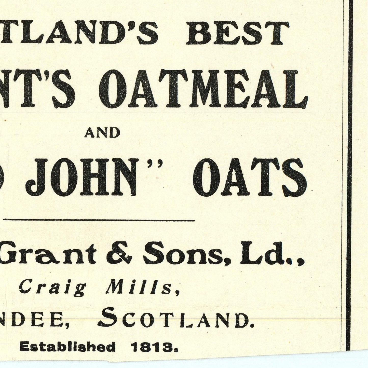 Vintage advertisement for 'John Oats' oatmeal and oats from Grant & Sons, Ltd., Scotland.