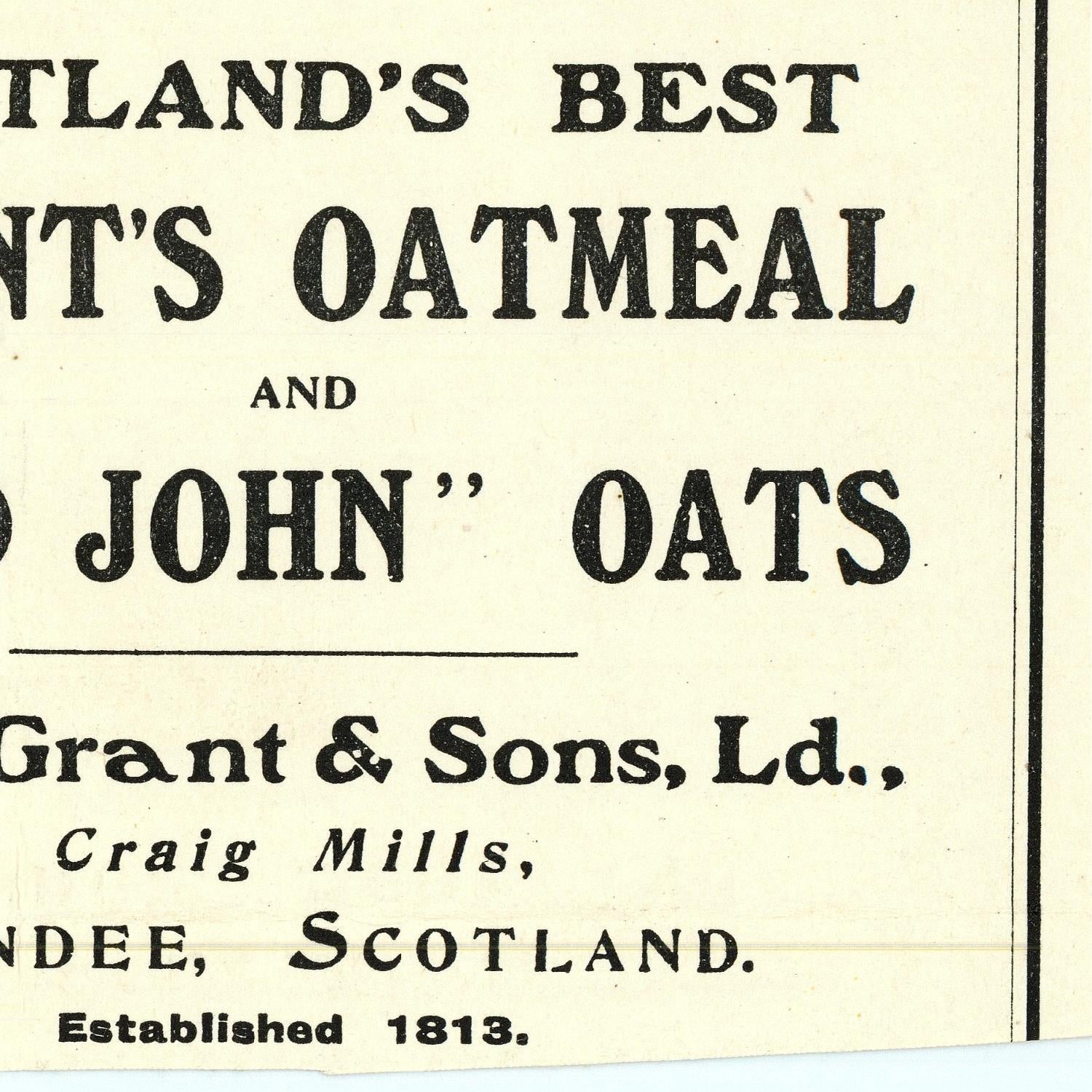 Vintage advertisement for 'John Oats' oatmeal and oats from Grant & Sons, Ltd., Scotland.