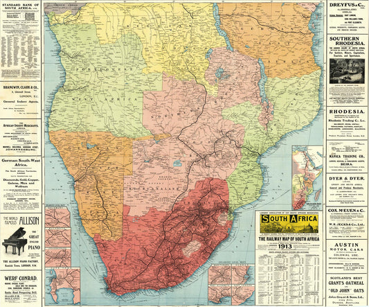 Map of South Africa from 1913 with various color regions and text on a white background.