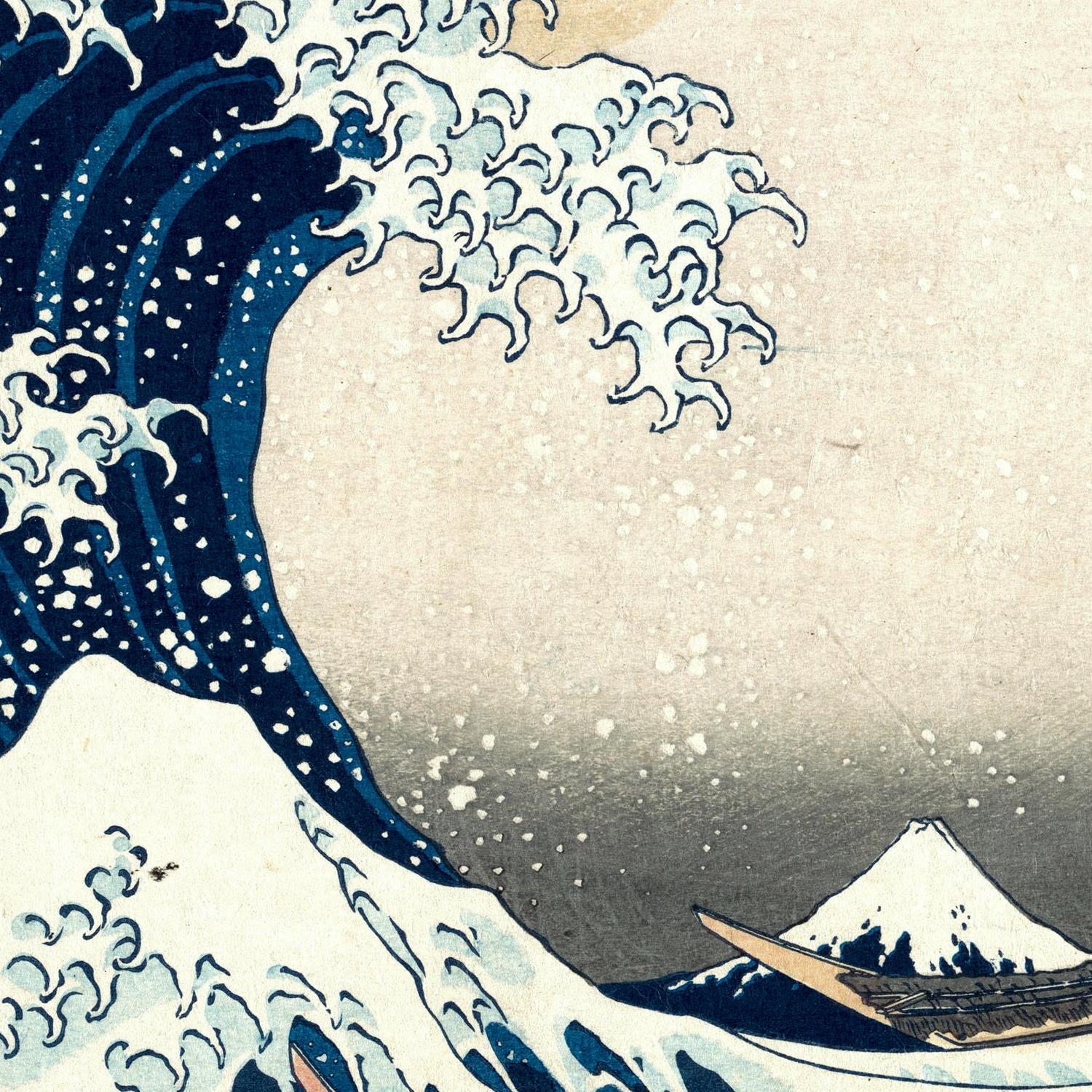 Famous artwork of a large wave with Mount Fuji in the background