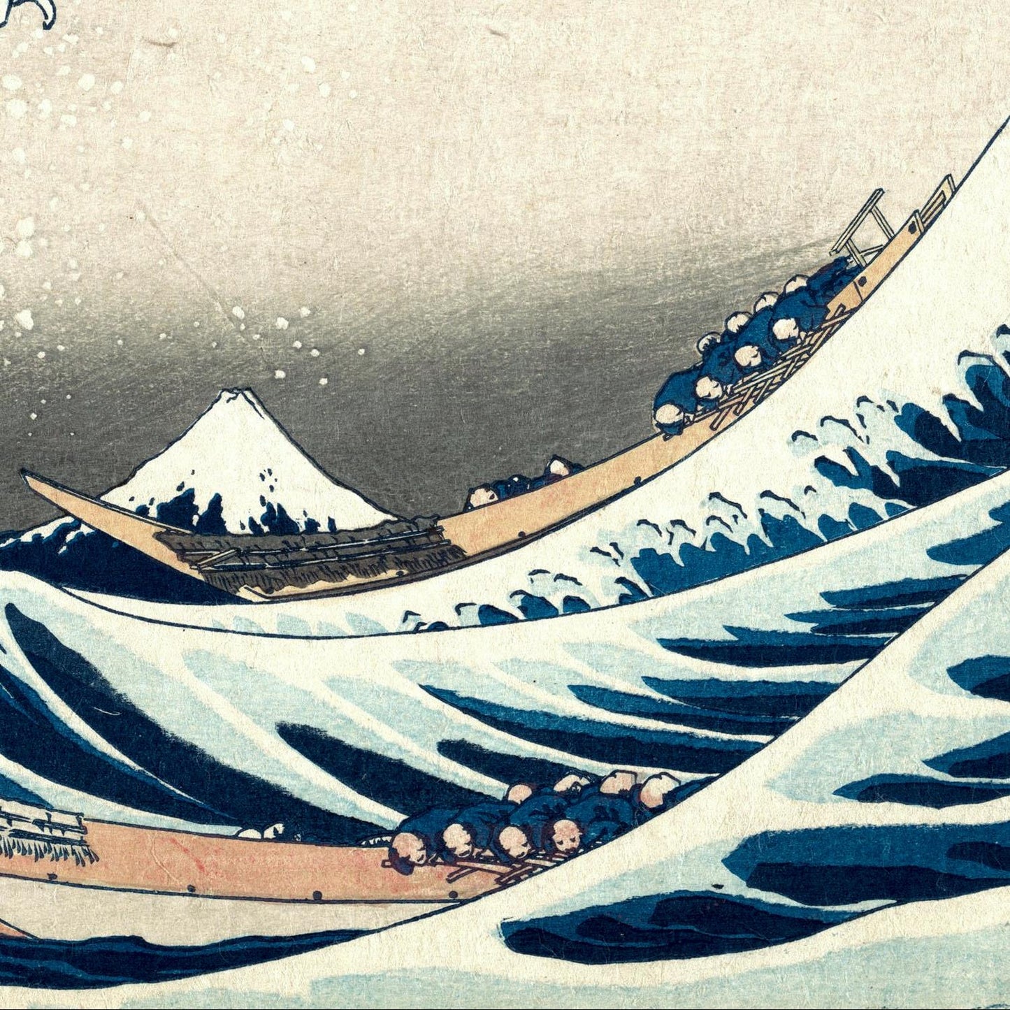 Woodblock print of a ship navigating large waves with Mount Fuji in the background