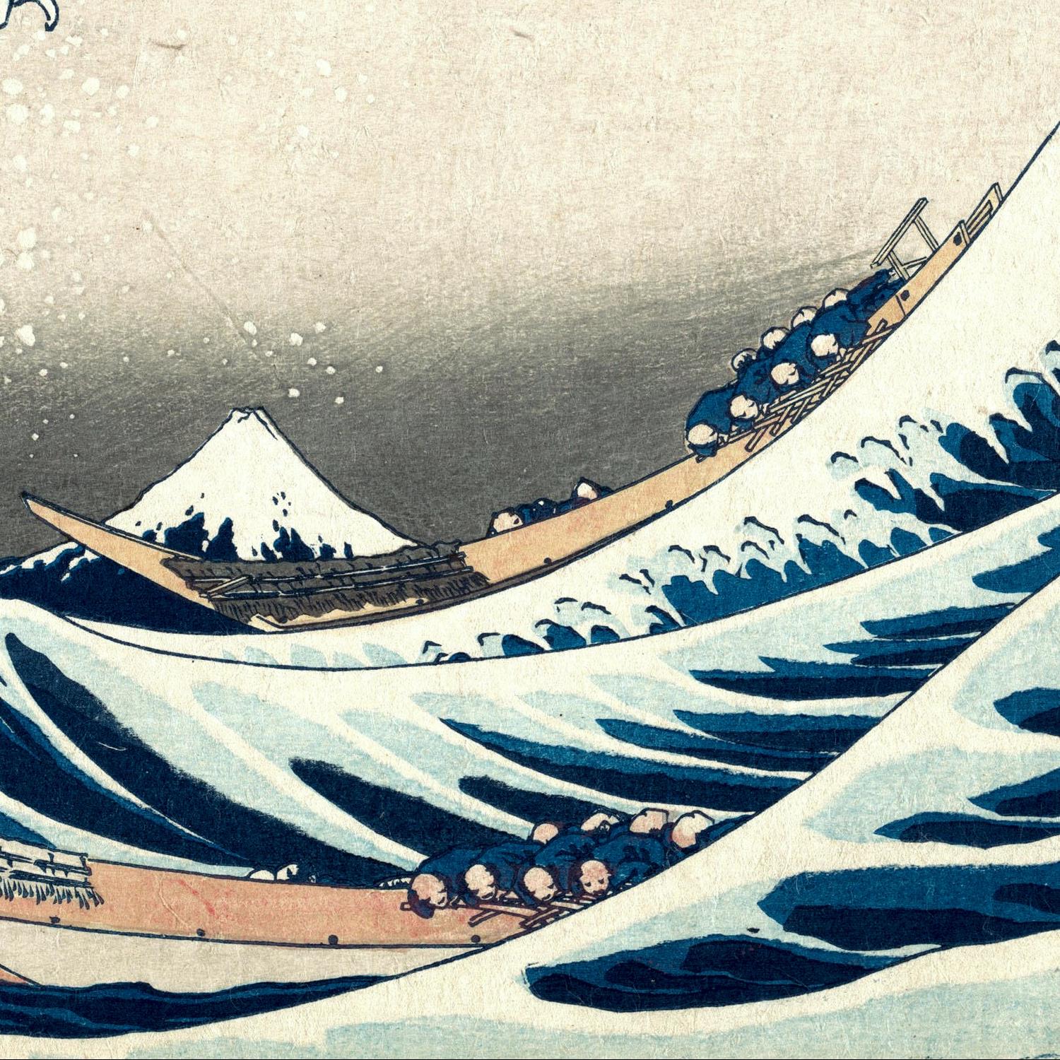 Woodblock print of a ship navigating large waves with Mount Fuji in the background