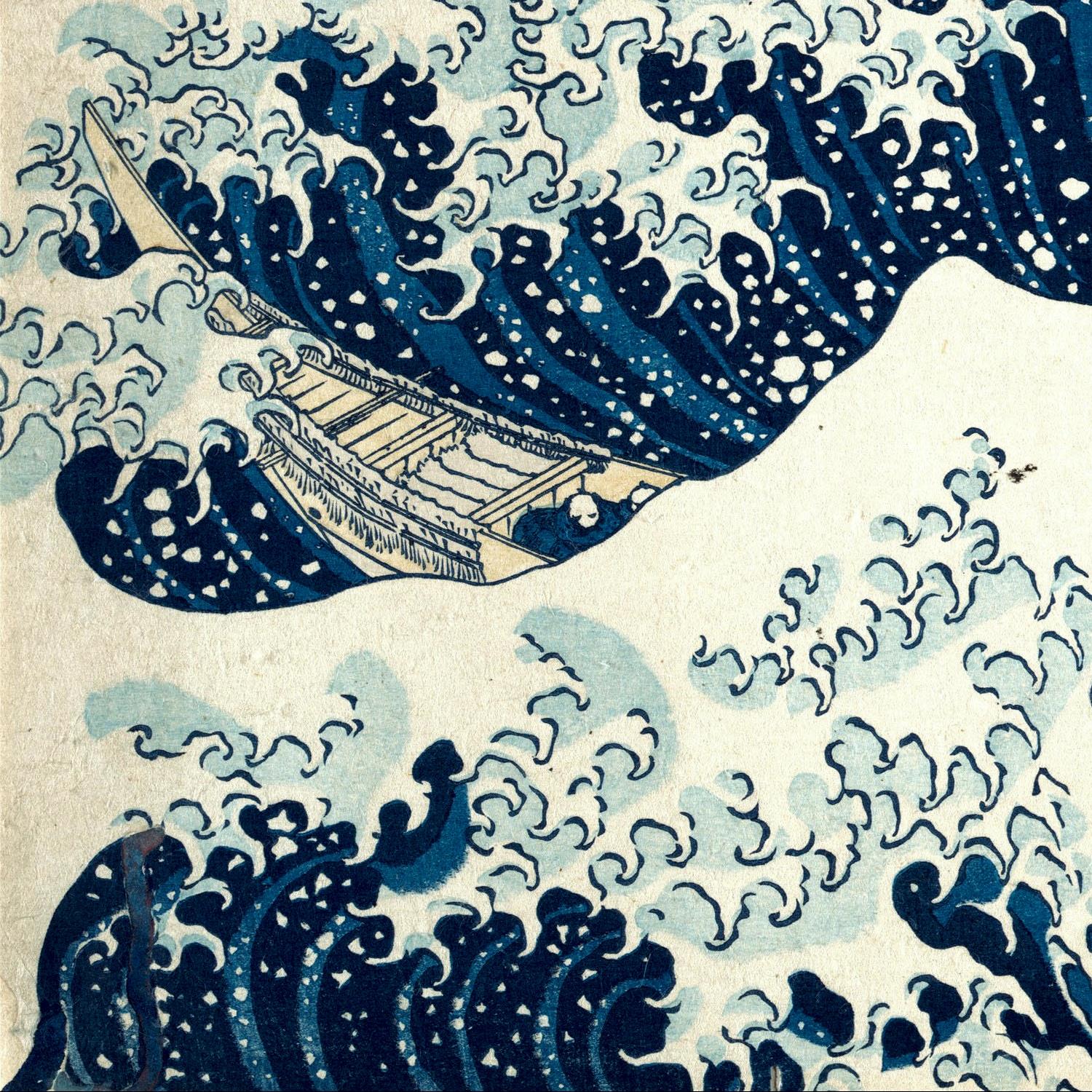 Famous artwork of a boat on a wave, reminiscent of Hokusai's style.