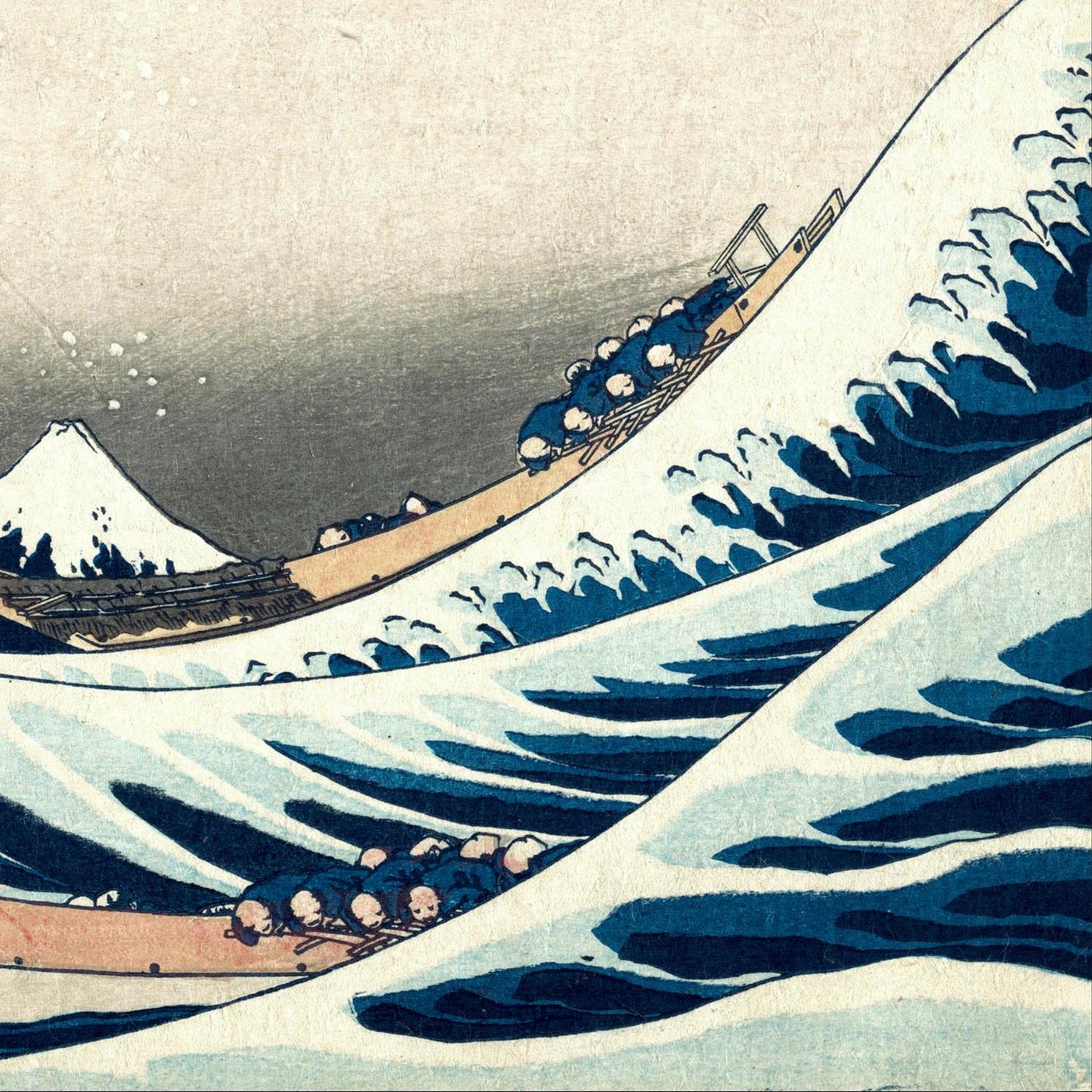 Woodblock print of a large wave with Mount Fuji in the background