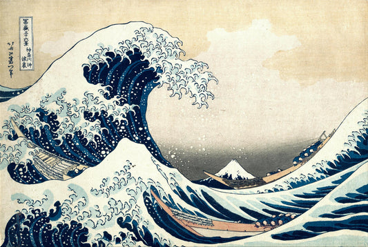 Famous artwork of a large wave with Mount Fuji in the background