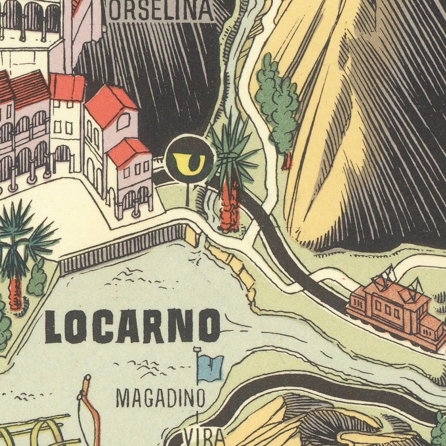 Illustrated map of a town with buildings, roads, and natural features, featuring the name 'Locarno'.