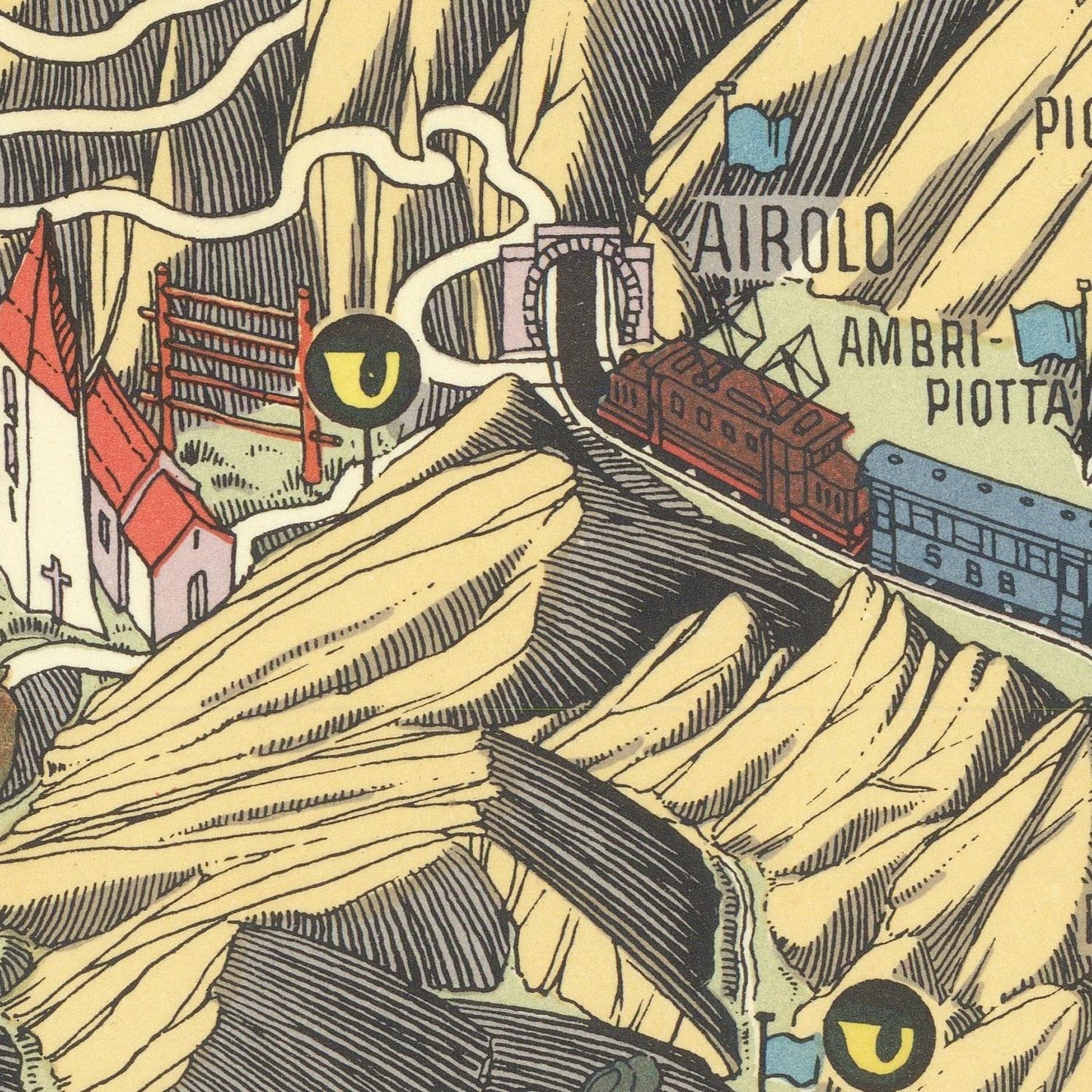 Cartoonish mountain landscape with trains and buildings, featuring the word 'Airolo'.