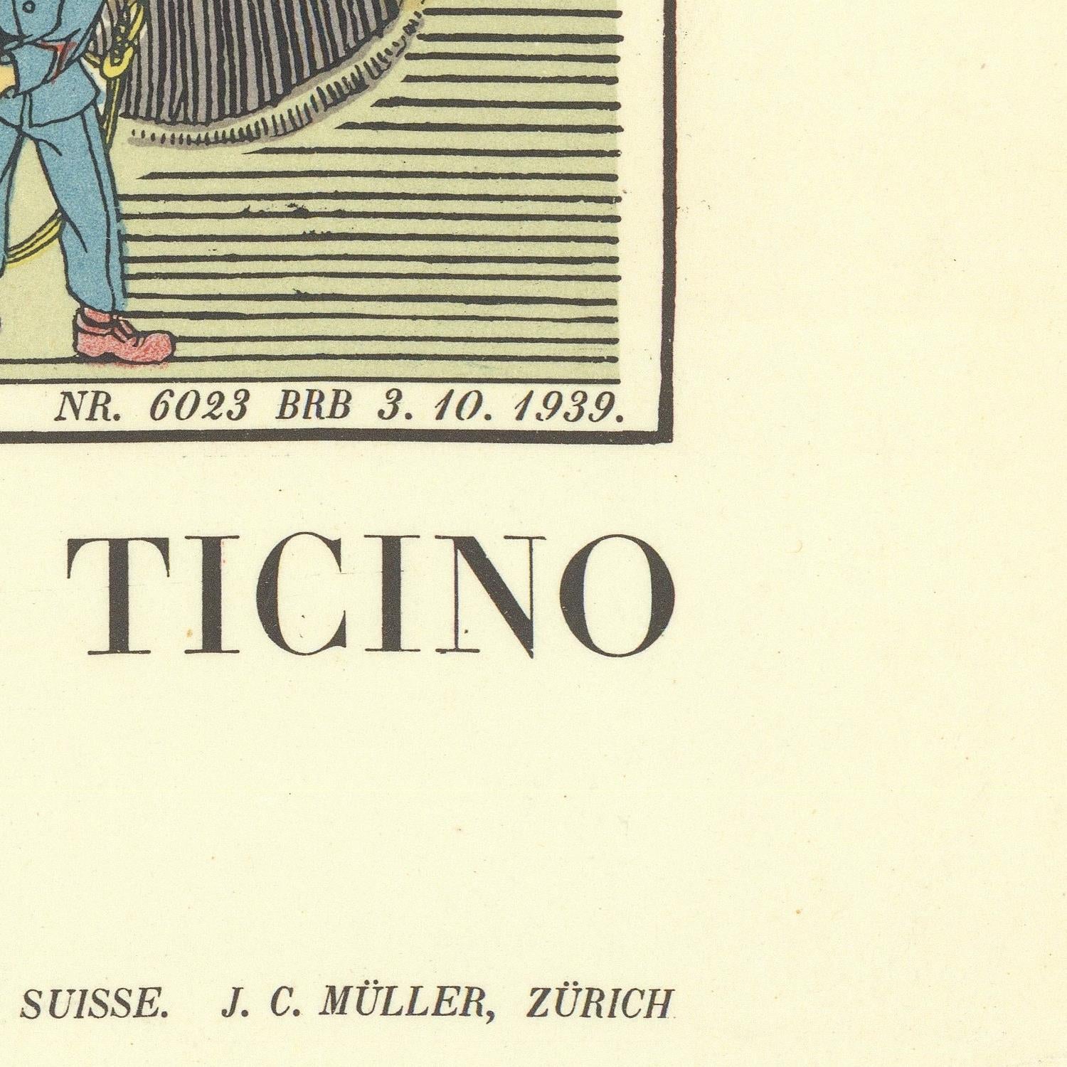 Vintage label with 'Ticino' text and date on a beige background