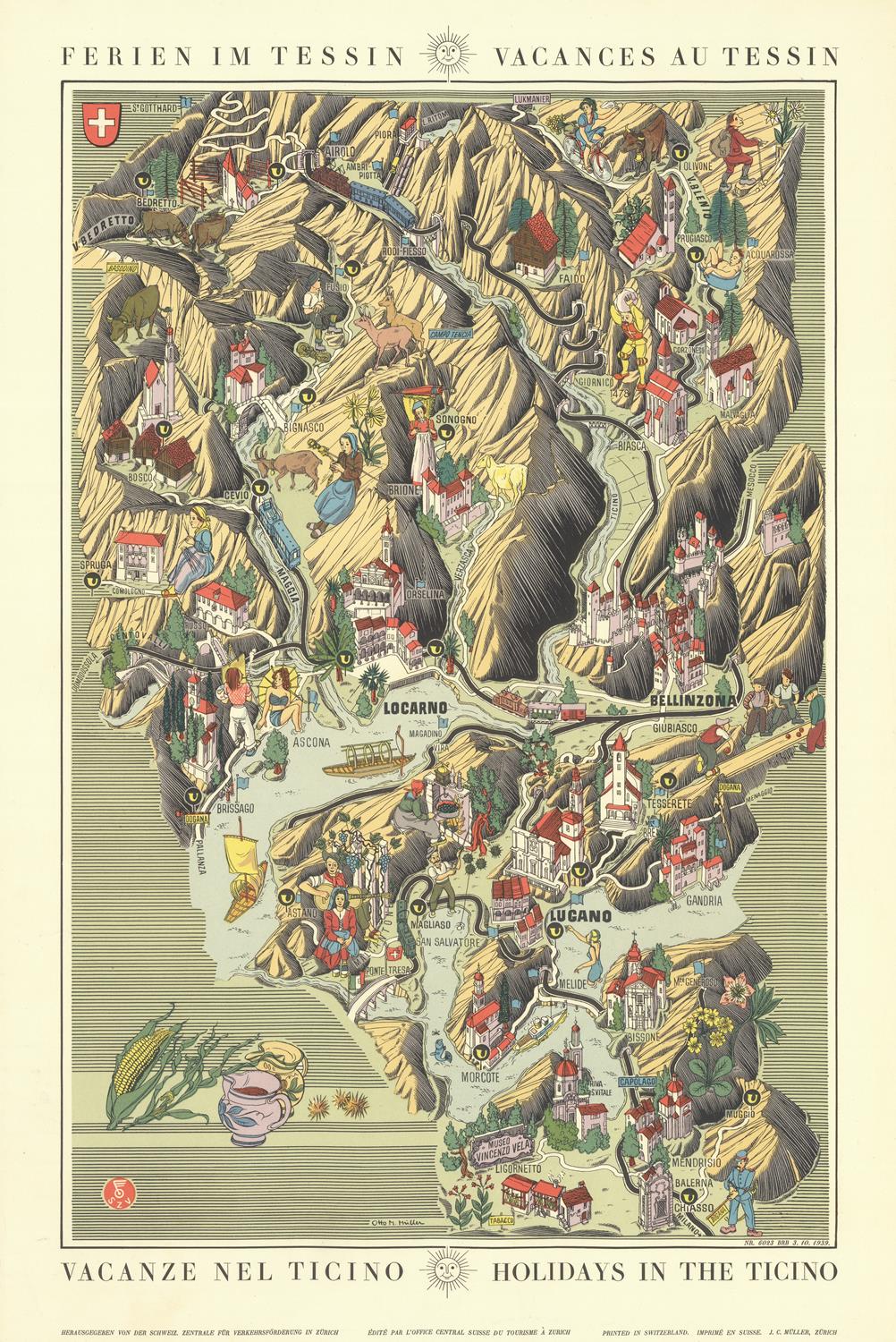 Decorative map of Tessin with illustrations and text on a beige background