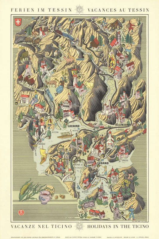 Decorative map of Tessin with illustrations and text on a beige background