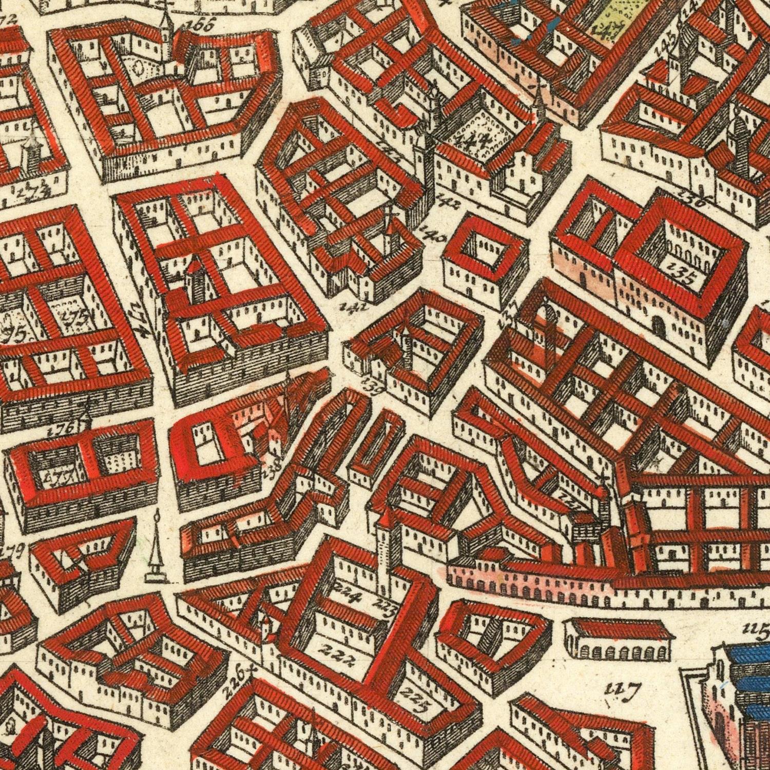 Vintage map of a city with red buildings on a beige background