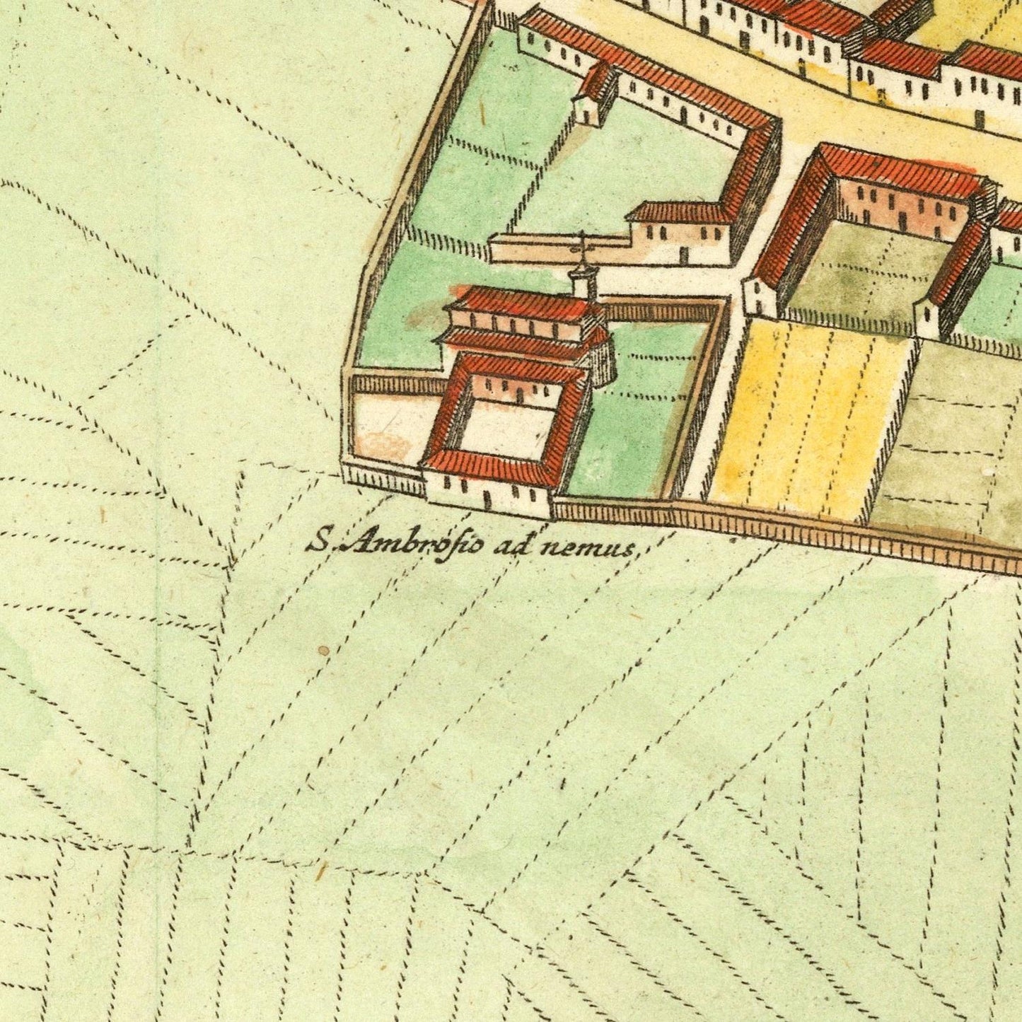 Vintage map with labeled buildings and green fields